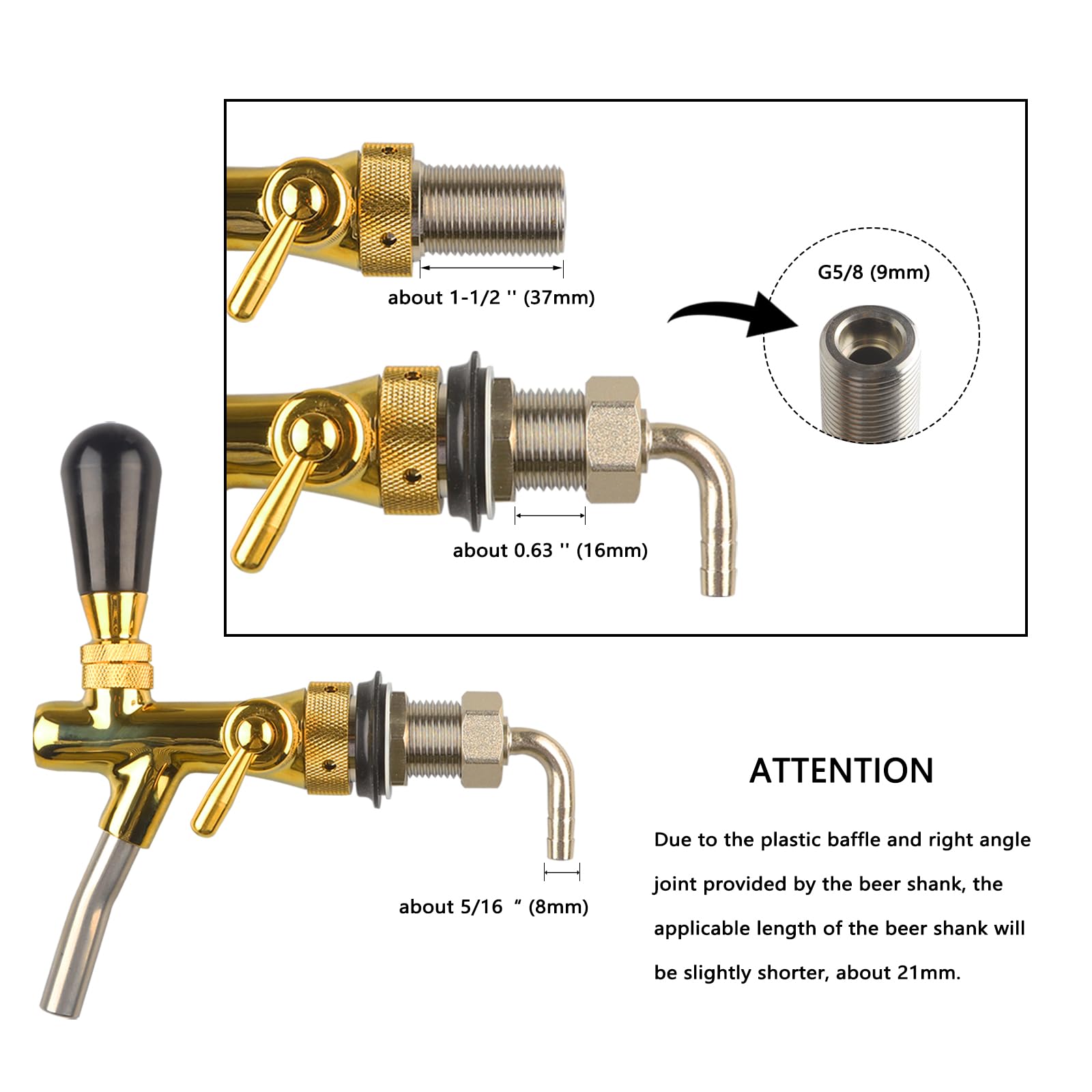 PERA Grifo ajustable de cerveza de barril – Controlador de flujo dorado, grifo de cerveza, grifo de barril, vástago cromado G5/8 para cerveza casera