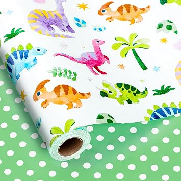 Yarcony Dinosaur Wrapping Paper Roll, Boy Birthday Gift Wrapping Paper, Cute Watercolor Dino Themed Toddler Gift Wrap Paper for Kids Birthday, Baby Boy Shower,PartyMini Roll, 17 Inch X 33 Feet
