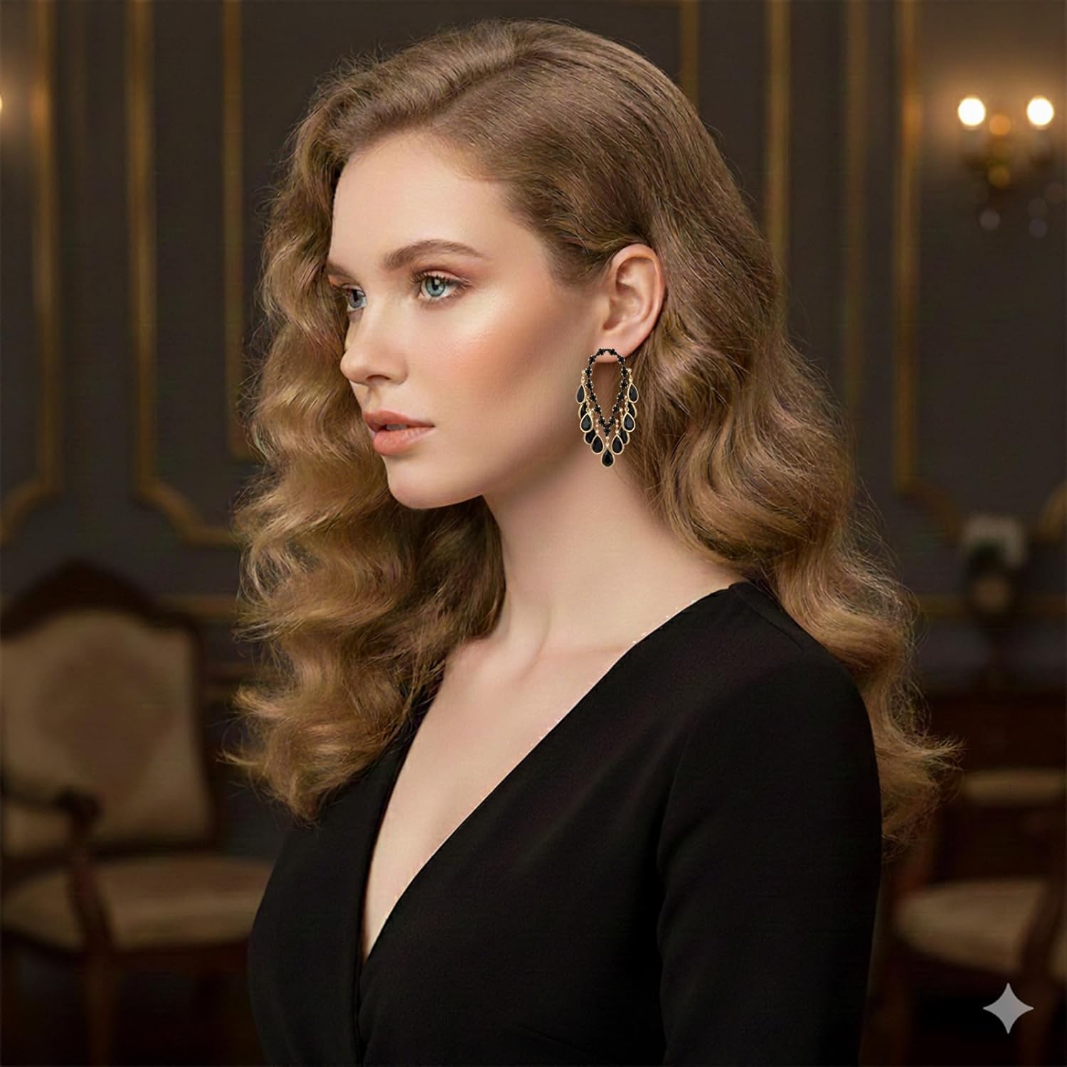 Black Earrings for Women Dangling Black and Gold Chandelier Statement Teardrop Rhinestone Earrings for Prom Wedding Party - Image 6