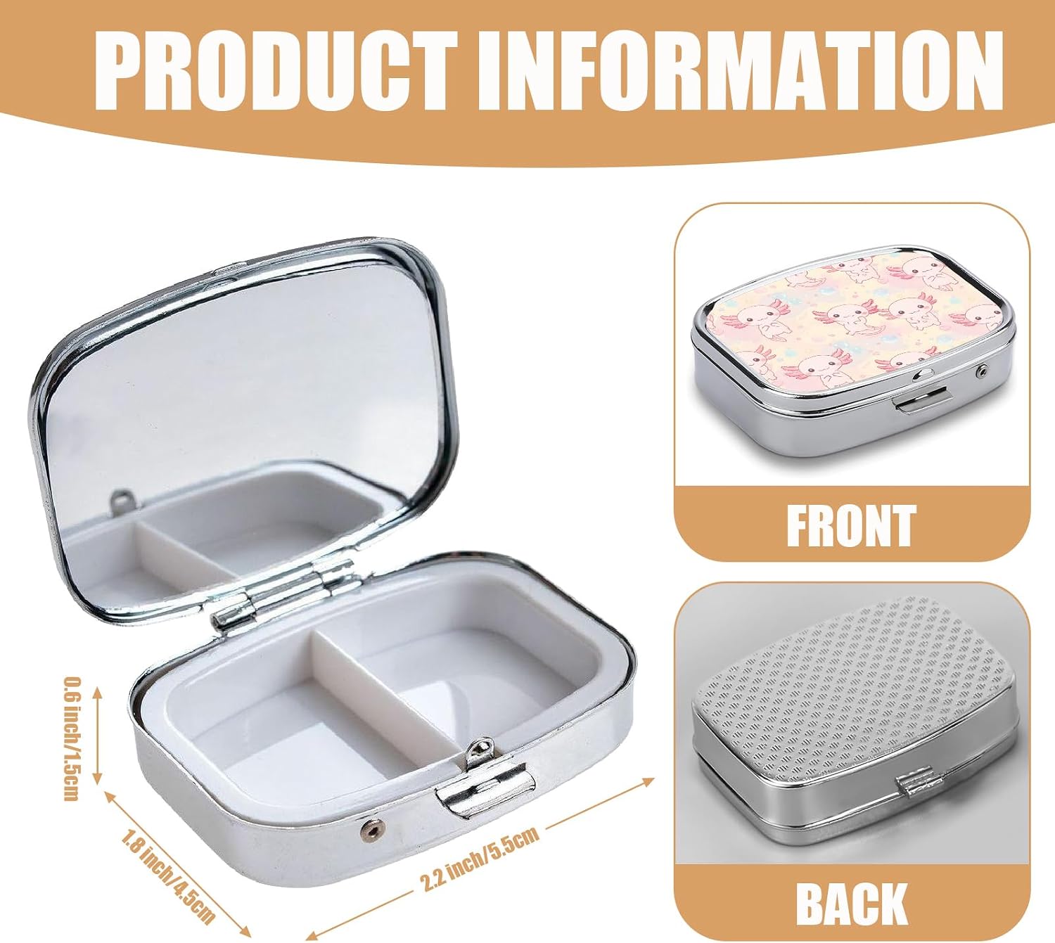 Pill Box-2 Compartment Small Pill Case Square Organizer Case with Mirror Portable Metal Medicine Box Travel Container for Pocket & Purse Women Men（Cute Axolotl） image 2