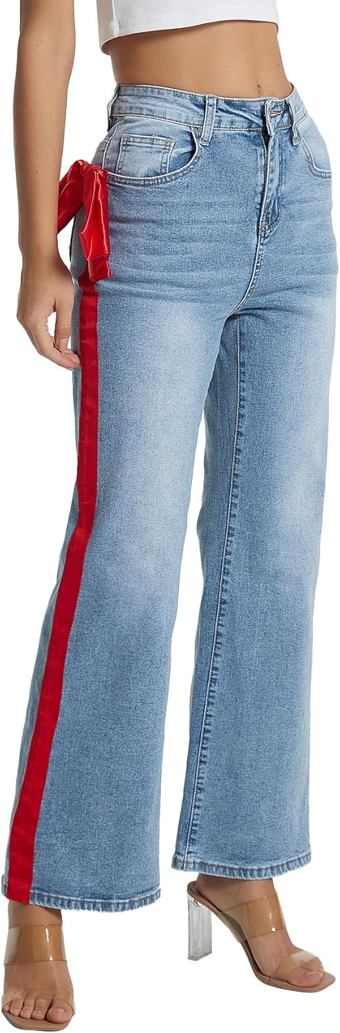 Kedera Womens Side Stripe Wide Leg Jeans Bow Ribbon Flared Denim Pants Y2K Trendy Casual Straight High Waisted Trousers