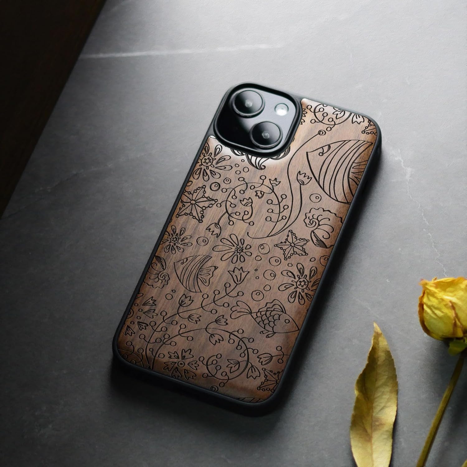 Carveit Magnetic Wooden Case for iPhone 15 Case, Compatible with MagSafe Wireless Chargers, Black Soft TPU Shockproof Cover & Wood Artisan Engraved (Oceanic Life) - Walnut