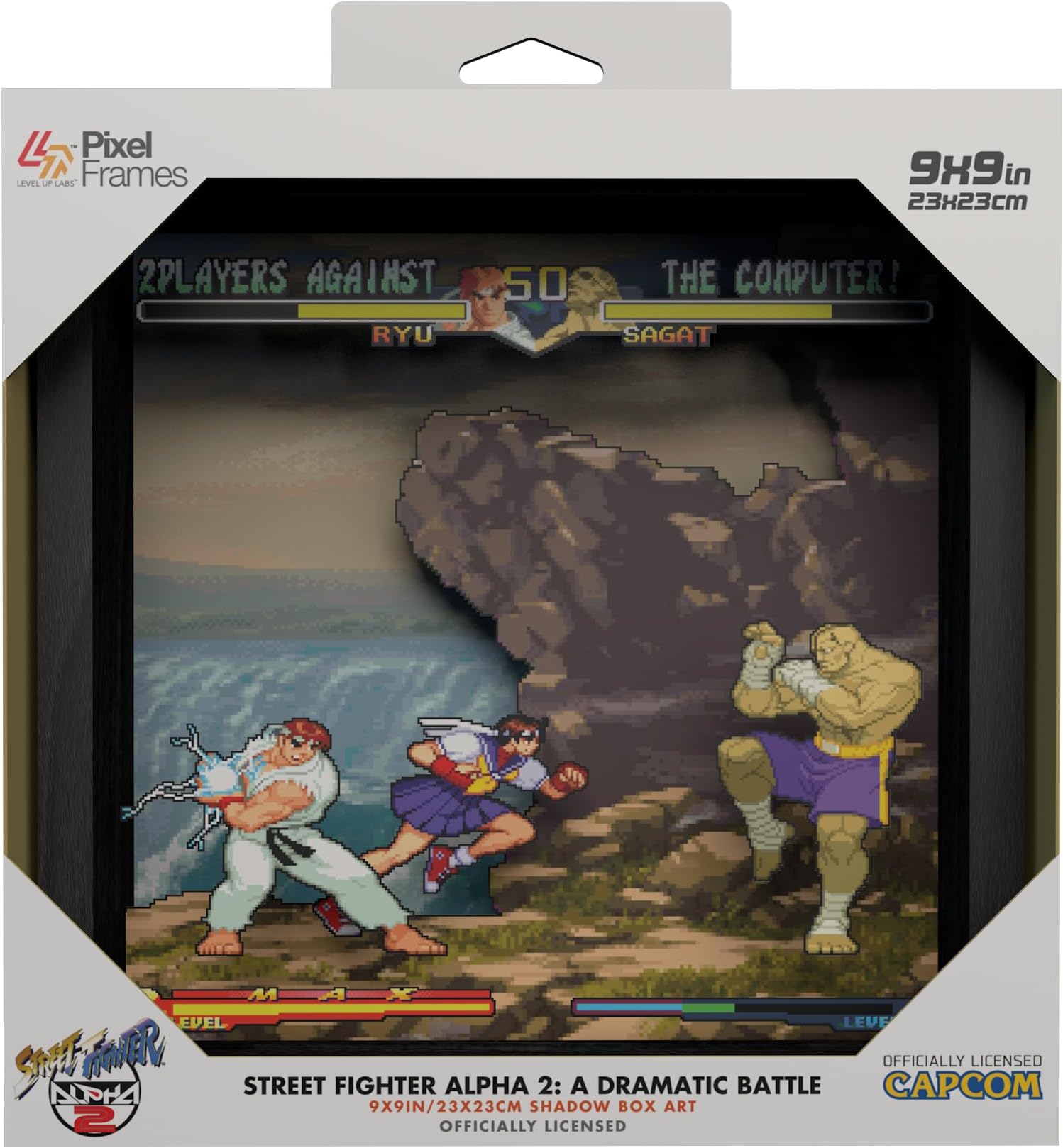 Level Up Labs Pixel Frames: Street Fighter Alpha 2: A Dramatic Battle - - 3D Shadow Box - Framed Decor for Wall, Home, Shelf, Game Poster Art Collectibles, Boys Girls Teen Room Decoration - 9" x 9"
