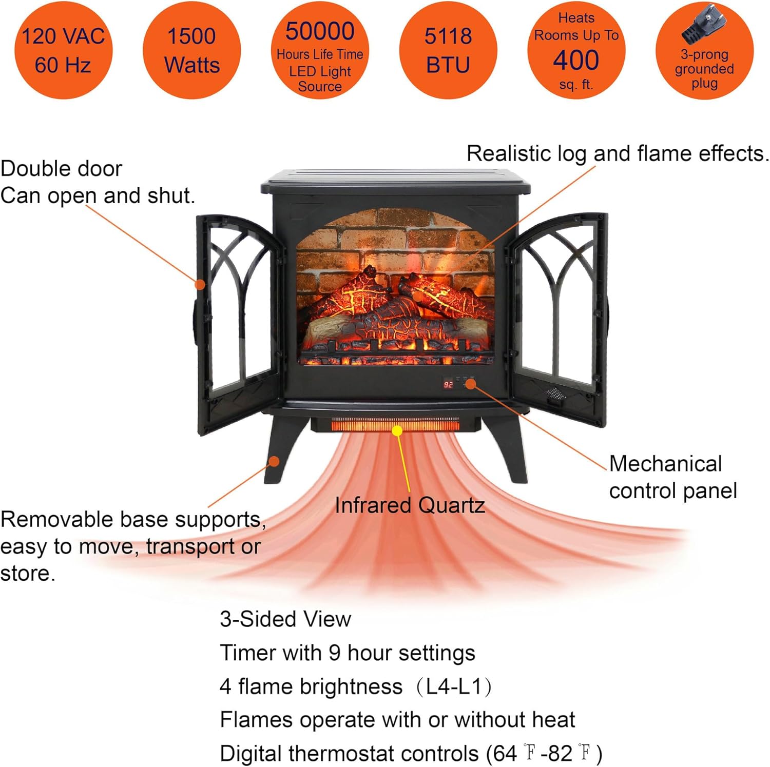 SOFTSEA 24" 3D Flame Electric Infrared Quartz Fireplace Stove with Remote Control, Back Wall Tile Design Flame Colors Effect with 4 Adjustable Brightness, 1500W Heater and 11 Temperature Settings