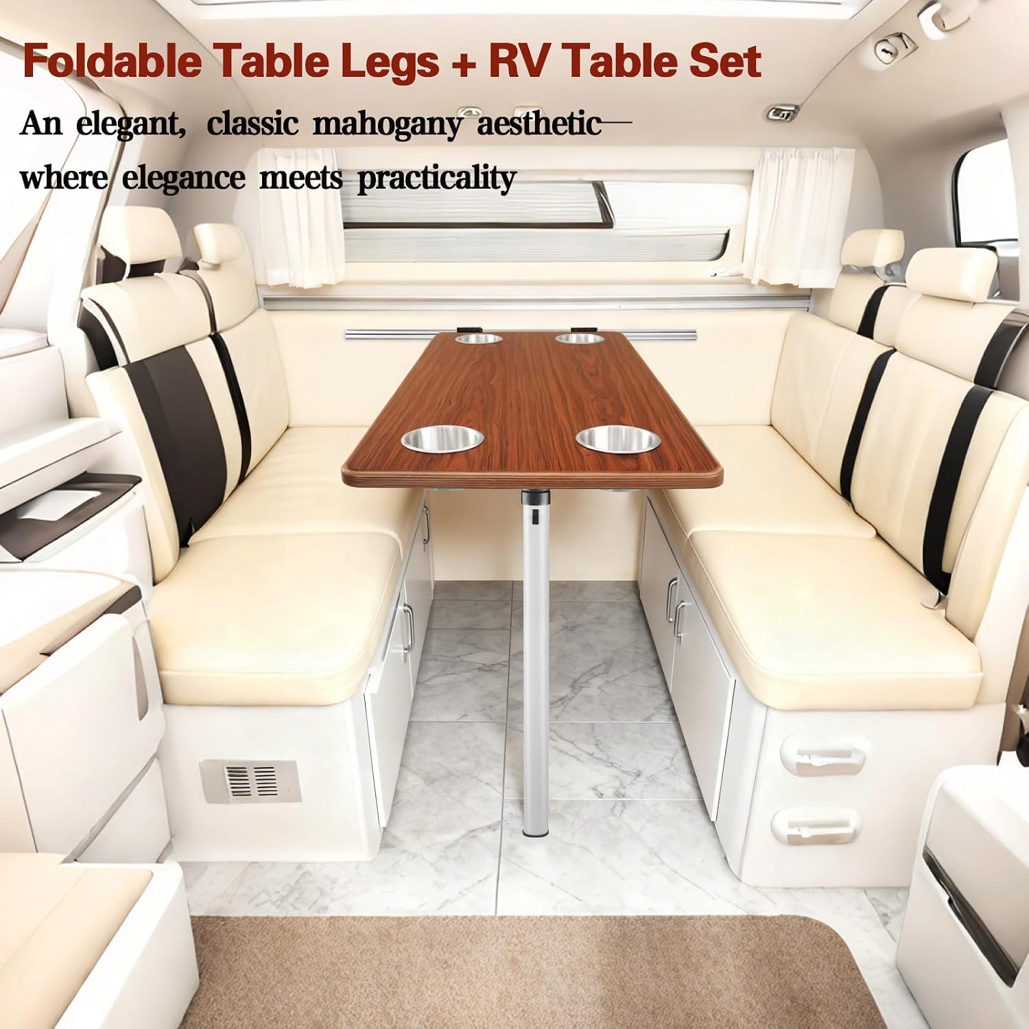 RV Folding Table with Aluminum Leg – Space Saving Wall Mounted Dinette Table Top for Campervan, Marine, Yacht, Motorhome – Premium Desk with 4 Cup Holders (Silver)