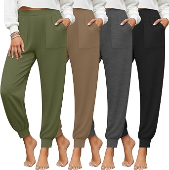 4 Pack Womens Yoga Joggers, Cozy Lounge Pants with Pockets Loose Casual Gym Athletic Sweatpants Comfy Cuffed Pants