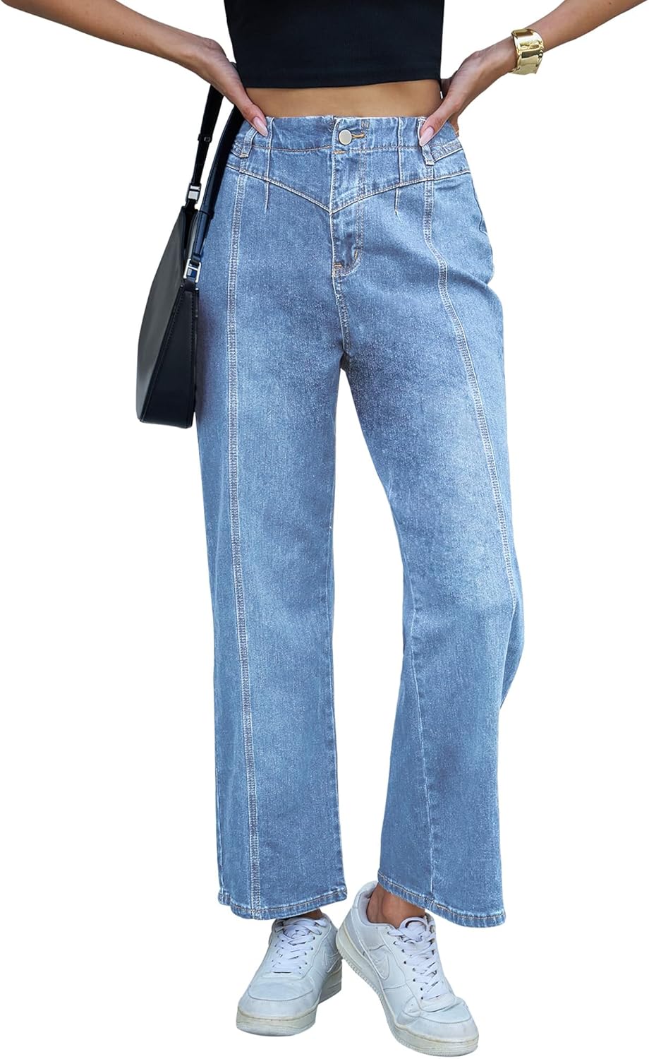 Wide Leg Jeans for Women Trendy High Waisted Straight Leg Stretchy Jeans Seamed Paneling Loose Baggy Denim Pants - Image 4