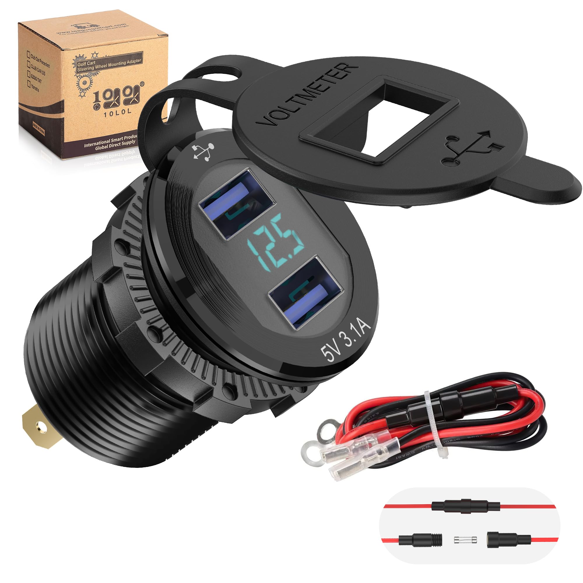 10L0L Golf Cart Ladegerät Adapter,Dual Port USB Quick Charge 3.1,5A Schnellladegerät Stromadapter für Golf Cart Club Car,EZGO und Yamaha (3.1 9-48V)