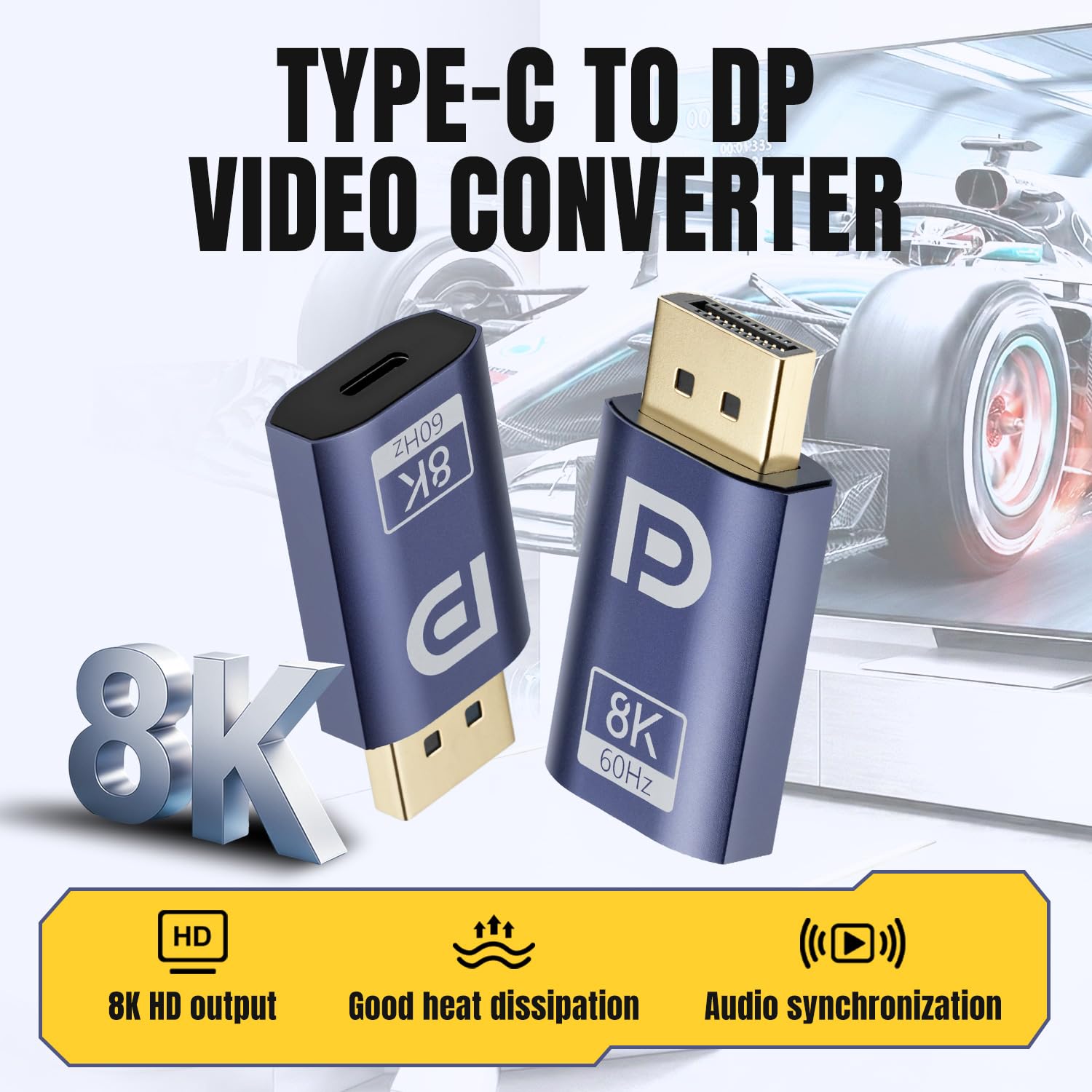 Adapter USB C na DisplayPort 1.4 8K@60Hz, konwerter typu C na DP obsługuje 4K@144 Hz, 2K@240 Hz HDR 3D, obudowa aluminiowa, kompatybilna z MacBook Pro/Air, iPad Pro, XPS, Samsung S23