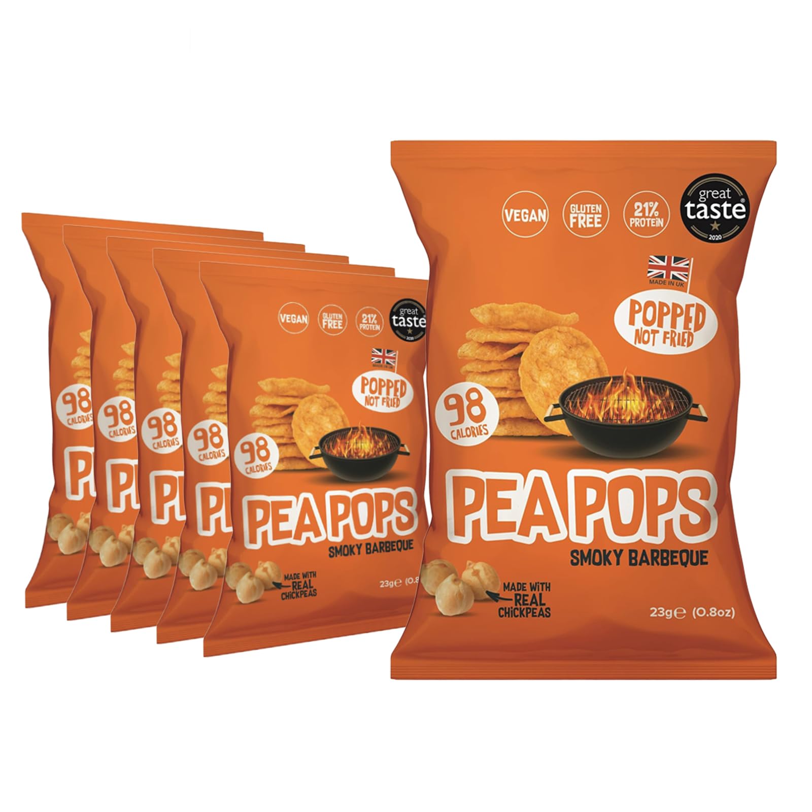 Pea Pops Healthy Protein Chips - Delicious Chikpea Crisps Less Fat, Low Calorie, Gluten Free, Vegan Protein Snacks, Popped (Not Fried) 23g (Pack of 6, Smokey BBQ)