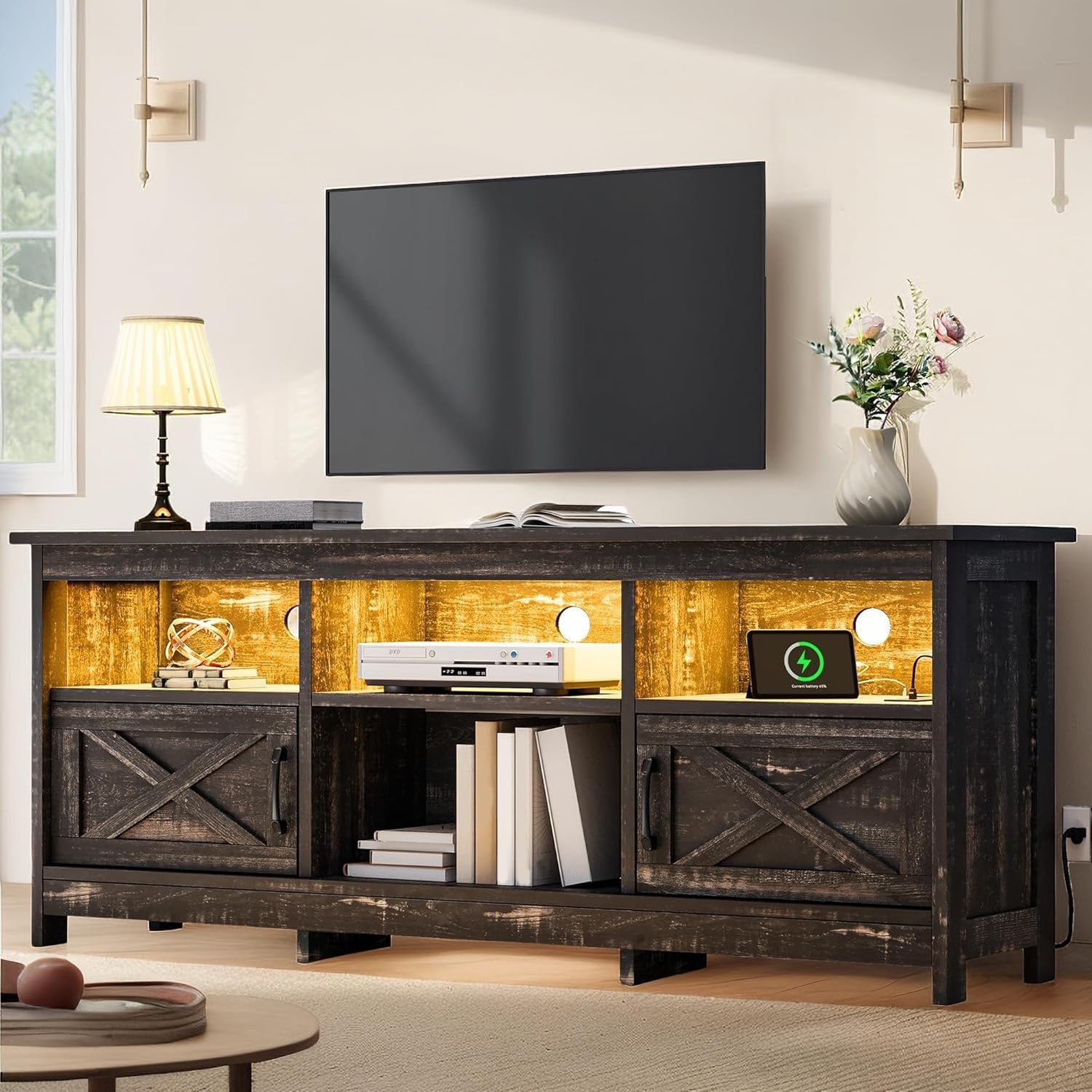 YITAHOME Farmhouse TV Stand with LED Lights for up to 65', Dark Rustic Oak