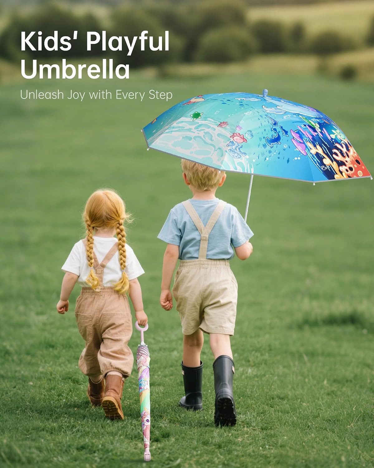HOUSTIN Kids Umbrella – Lightweight & Fun Design with 360° Reflective Strips, Safety Anti-Pinch Mechanism, Perfect for Rain or Shine, Ages 3-10 – Ideal Outdoor Umbrella for Children