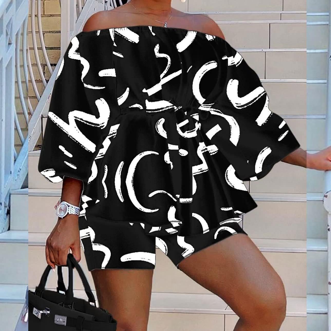 2 Piece Outfits for Women Sexy Off Shoulder Long Sleeve Plus Size Tops High Waisted Bodycon Shorts Set - Image 2