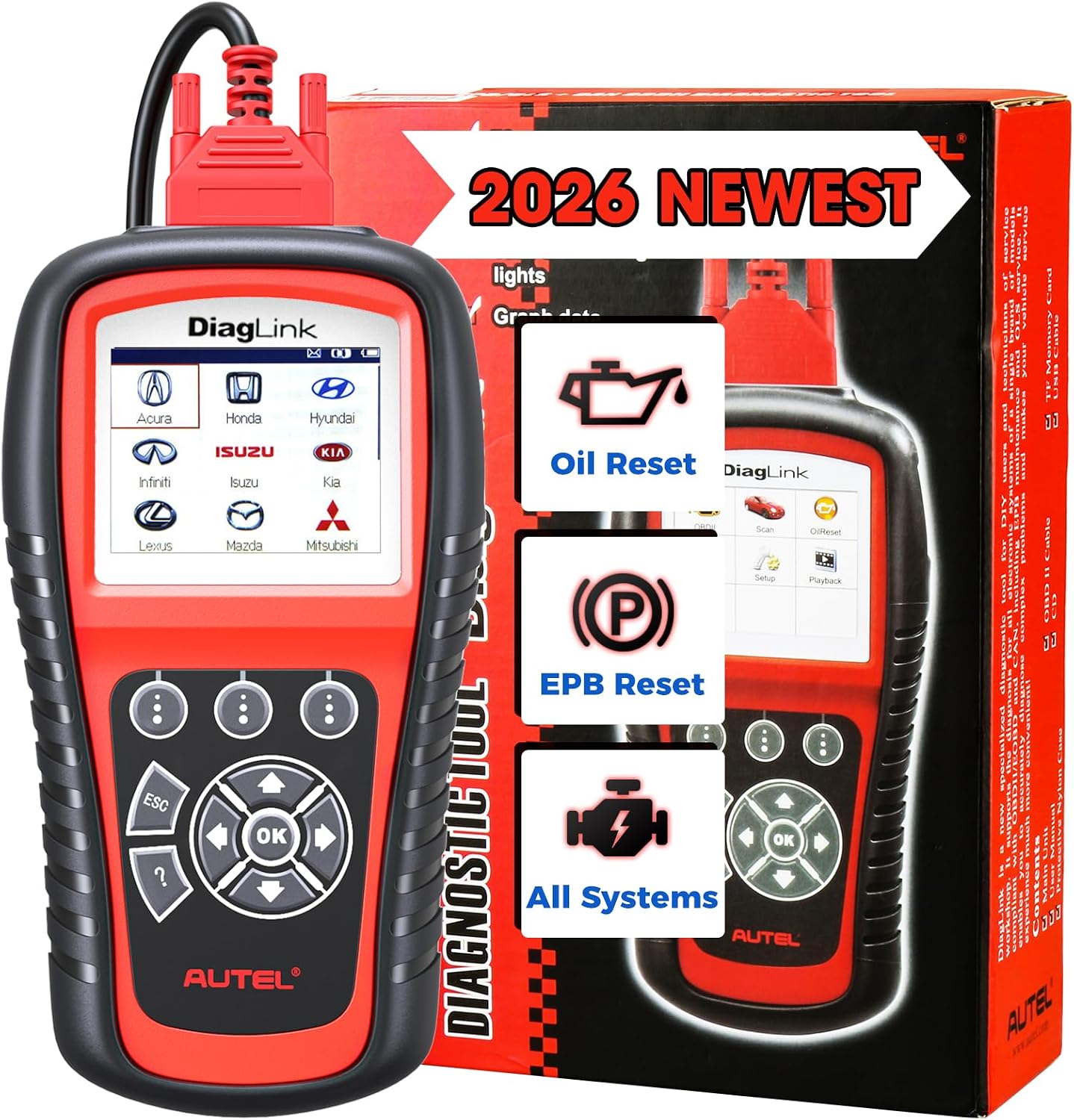 Autel OBD2 Scanner Diaglink All Systems OBDII Code Reader for ABS, SRS,Airbag, Engine, Transmission etc, EPB, Oil Reset(DIY Version of MD802 Scan Tool)