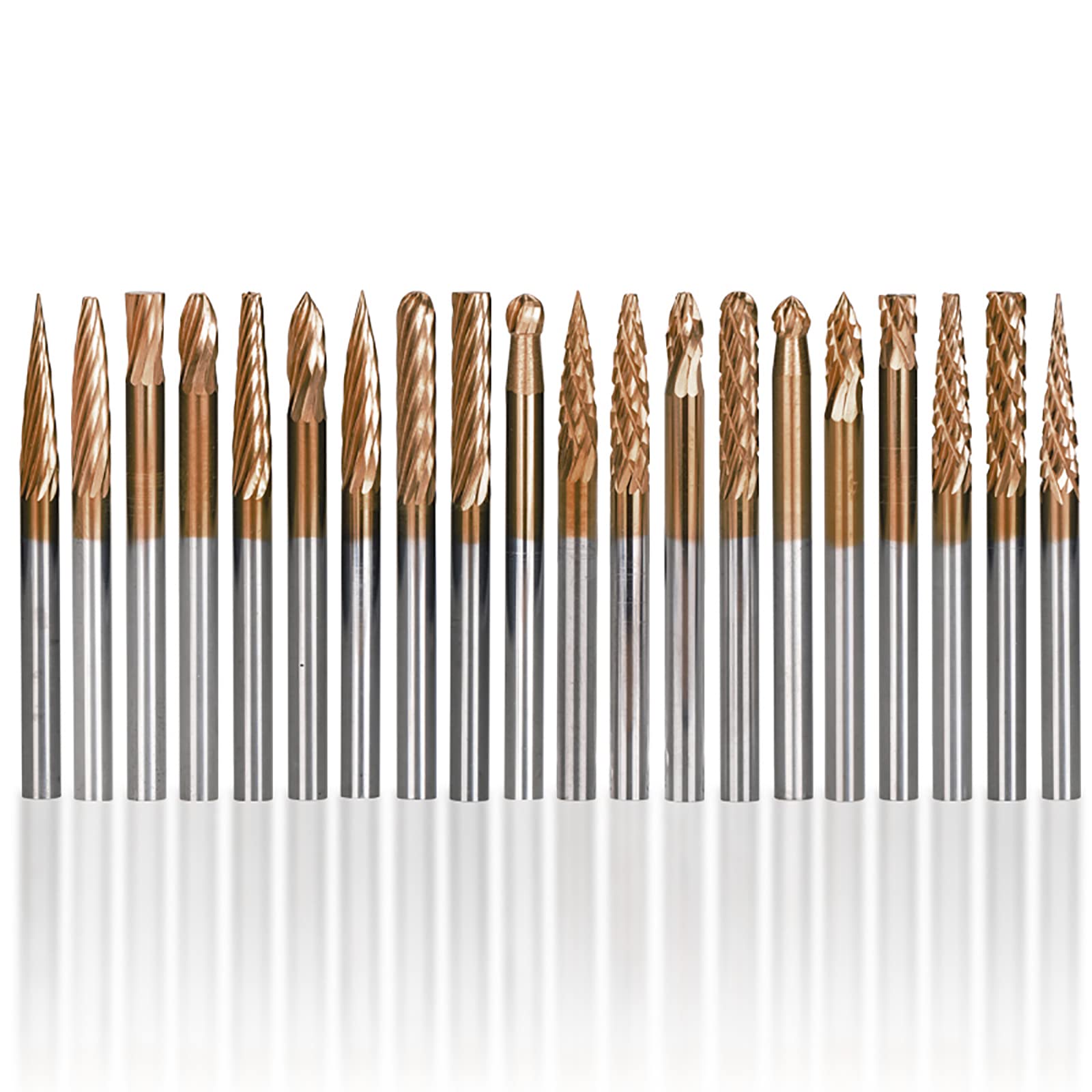 20pcs TiCN Coated Carbide Burr Set, 3mm Shank Double Cut Solid Carbide Tungsten Rotary Burrs Die Grinder Bits for Carving Polishing Engraving Drilling