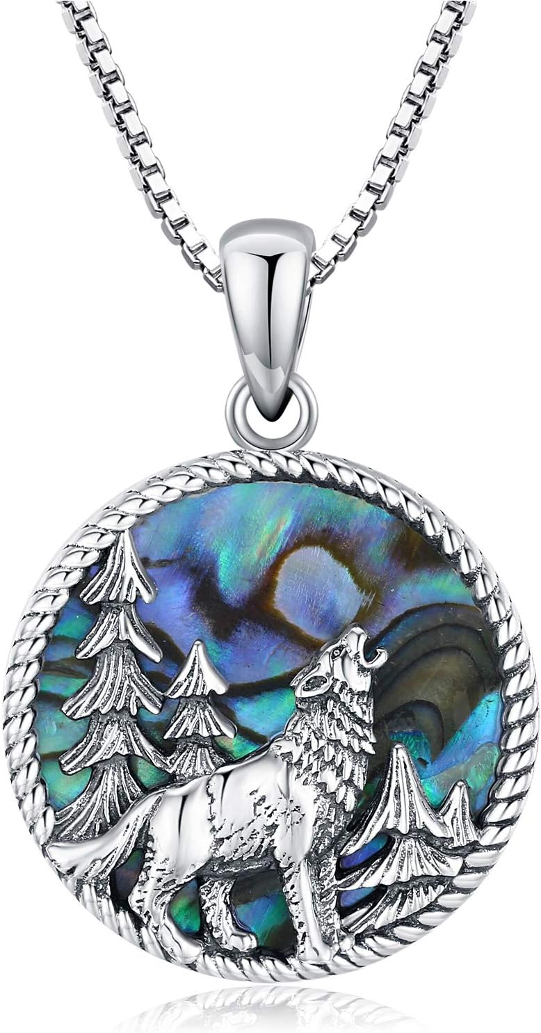 Wolf Necklace for Men Women Viking Jewelry 925 Sterling Silver Abalone Viking Wolf Necklace Gifts