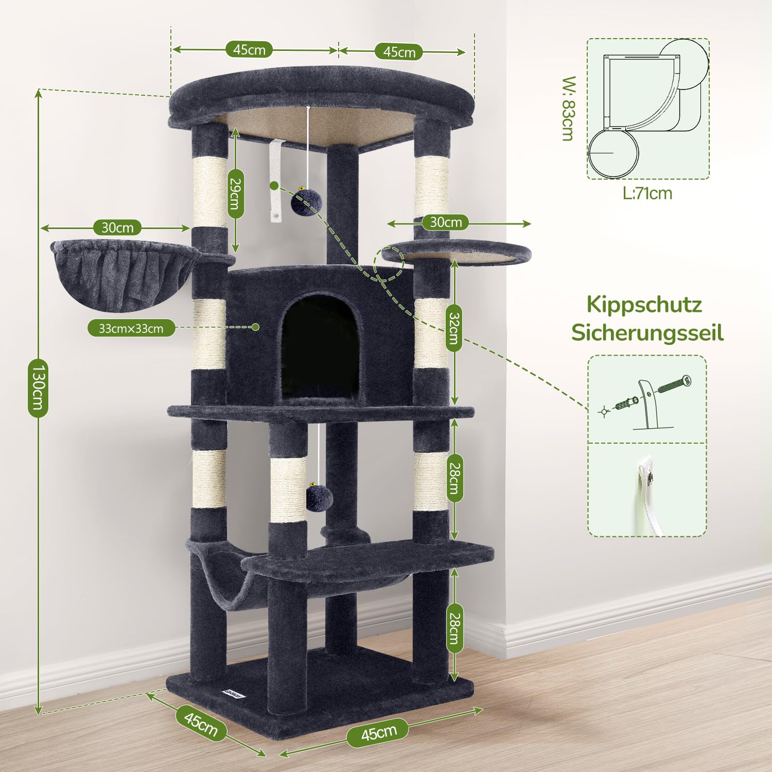 Globlazer Kratzbaum Große, Kratzbaum Stabil Passform Ecke mit Groß Katzenhaus 90° Sektor Gepolsterte Plattform Hängematte Weich Korb, Katzenbaum hoch 130 cm für Mehrere Groß Katzen (C51, Dunkelgrau)