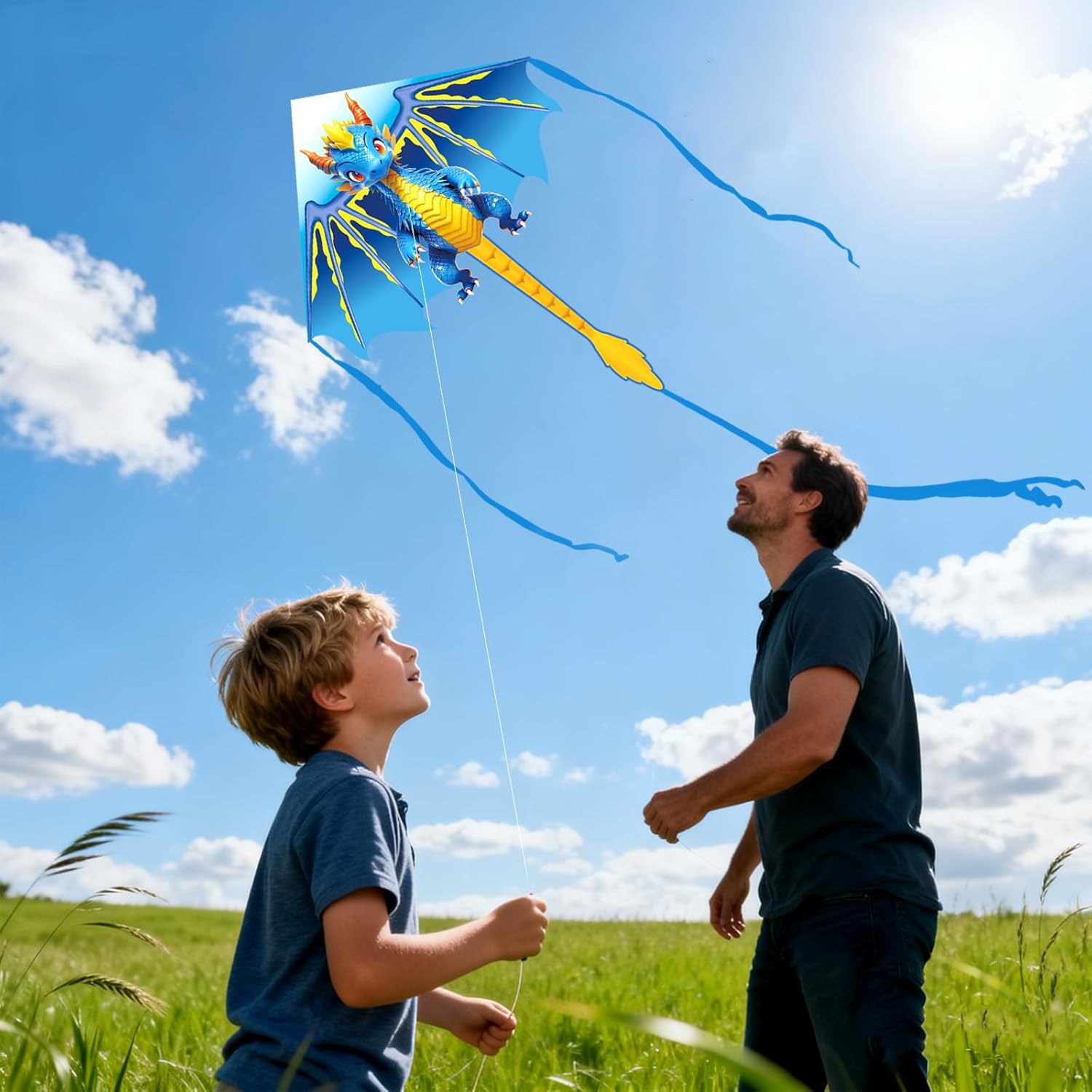 Cartoon Dragon Kite for Kids Ages 4-12, Easy to Fly for Beginners, Beach Kites with 300ft String, Great Kite for Boys and Girls