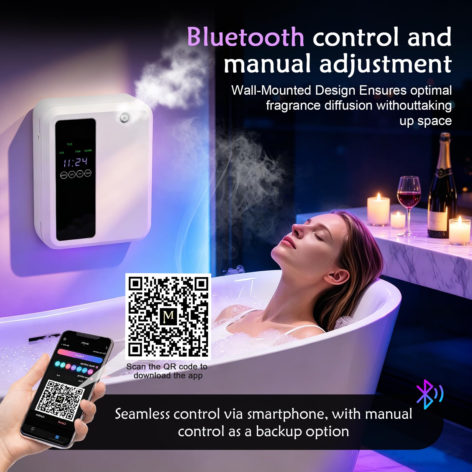 Aroma Diffuser Wasserlos, 500ML Smart Wasserloser Diffuser für Ätherische Öle, LCD-Display, App Telefonsteuerung Aroma Diffusor Ohne Wasser Set für Halle, Hotel, Geschäftsräume Bedeckung 2500m³