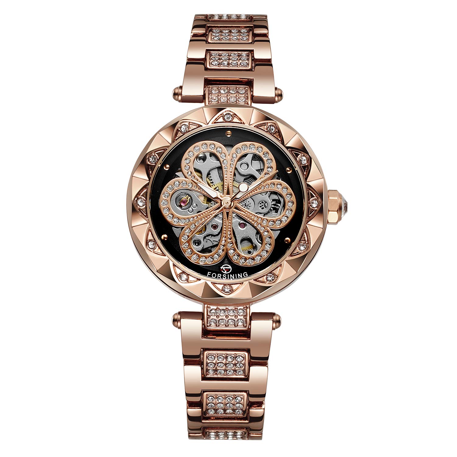 FORSINING Damen Stilvolle Analog Zifferblatt Automatische Skelett Uhr mit Edelstahl Armband