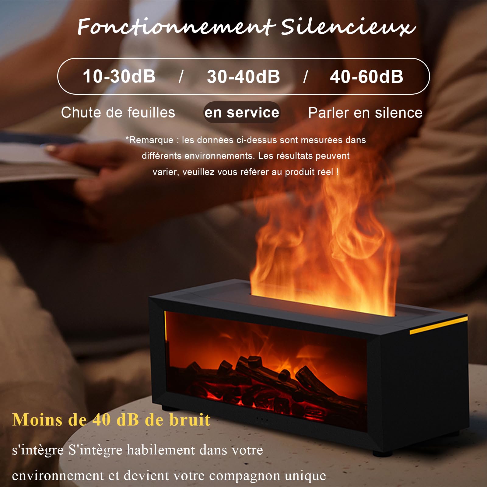 Diffuseur d'Huiles Essentielles 7 Couleurs avec Effet Flamme Dynamique, Humidificateur d'air 150ml USB, 4 Minuteries + Télécommande, Diffuseur Cheminée LED pour Bureau/Chambre