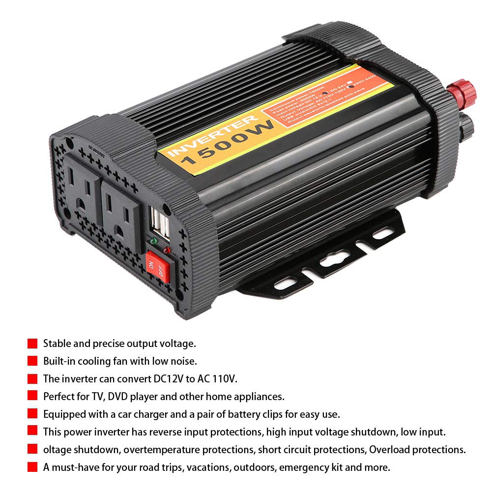 Falownik samochodowy, 1500 W, 12 V DC do 110 V AC, przetwornica napięcia, przetwornica do samochodu