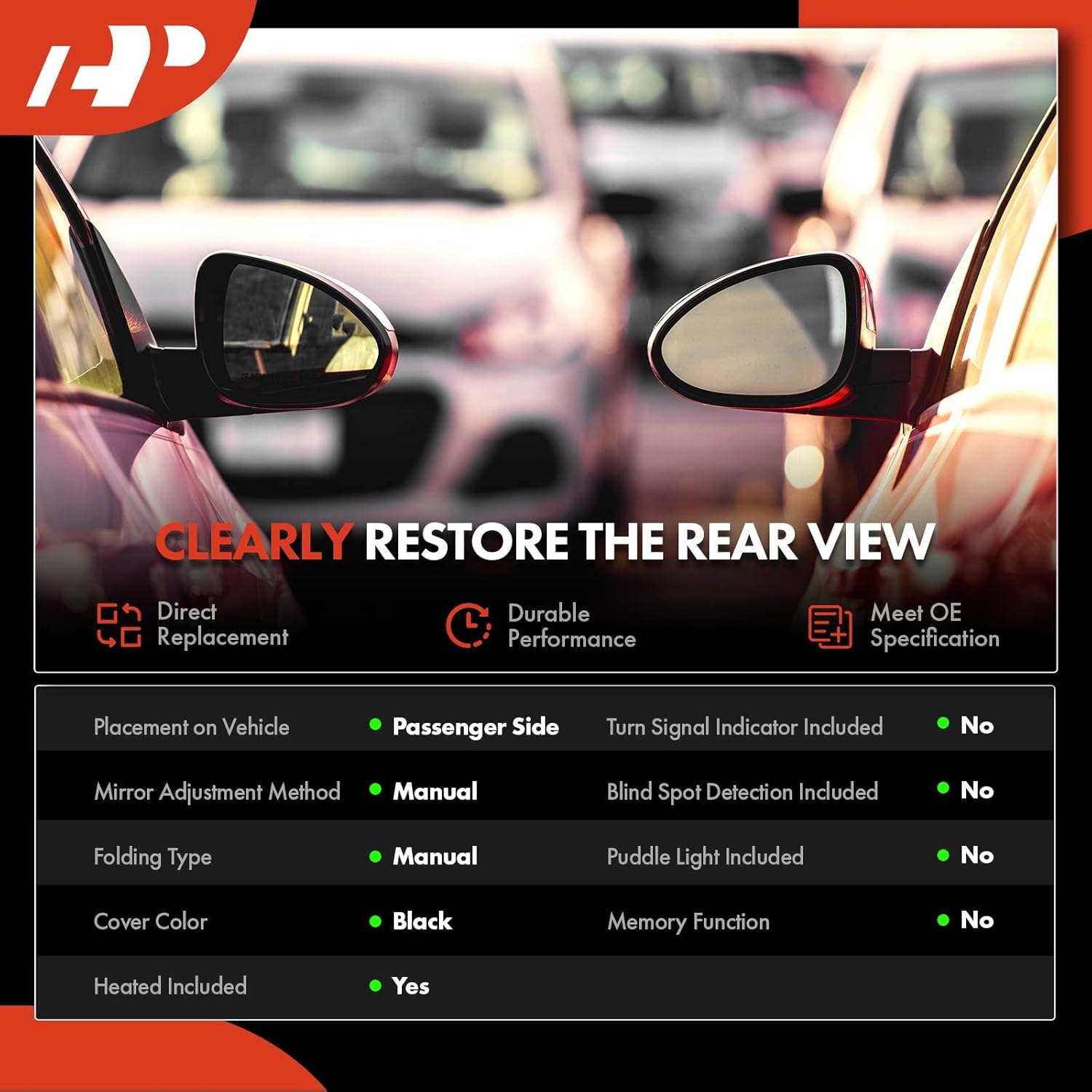 A-Premium Passenger Side Manual Door Mirror - Compatible with Nissan Altima 2002 2003 2004 2005 2006 - Heated Non-Folding Black Outside Rear View Mirror - Replace# 96301ZB370
