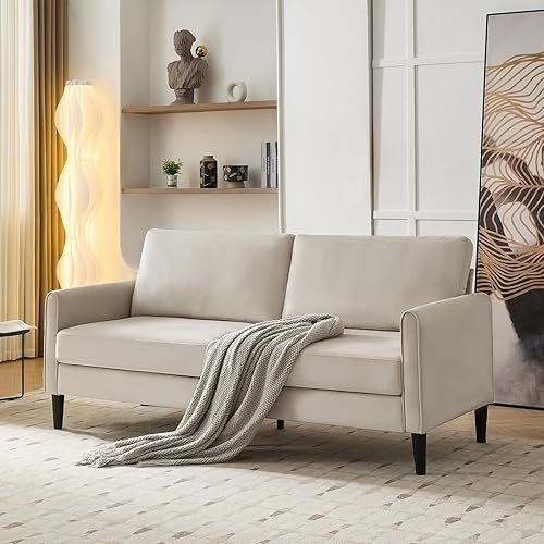 72.8'' Upholstered Modern Sofa, 3 Seater Comfy Couch for Bedroom and Living Room, Designed for Small Spaces, Apartment, Bedroom, Dorm, Office, Easy Assembly (Velvet, Beige)