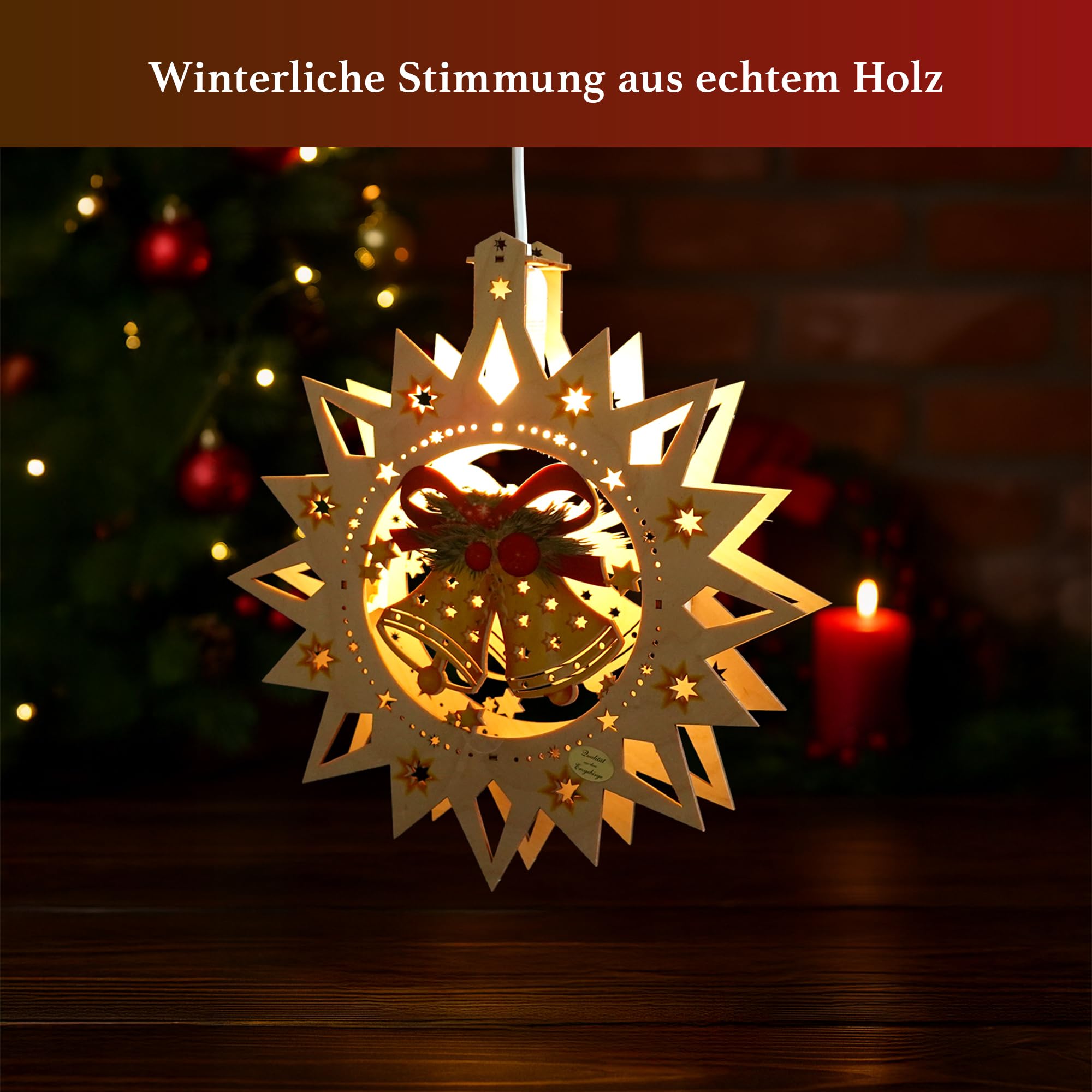 Saico - LED Fensterlicht „Glocke“ - Fensterdeko für Weihnachten, mit LED Beleuchtung aus Holz - Weihnachtsdeko mit Glockenmotiv, Fensterbeleuchtung & Geschenkidee, Dekoration Winter - Made in Germany