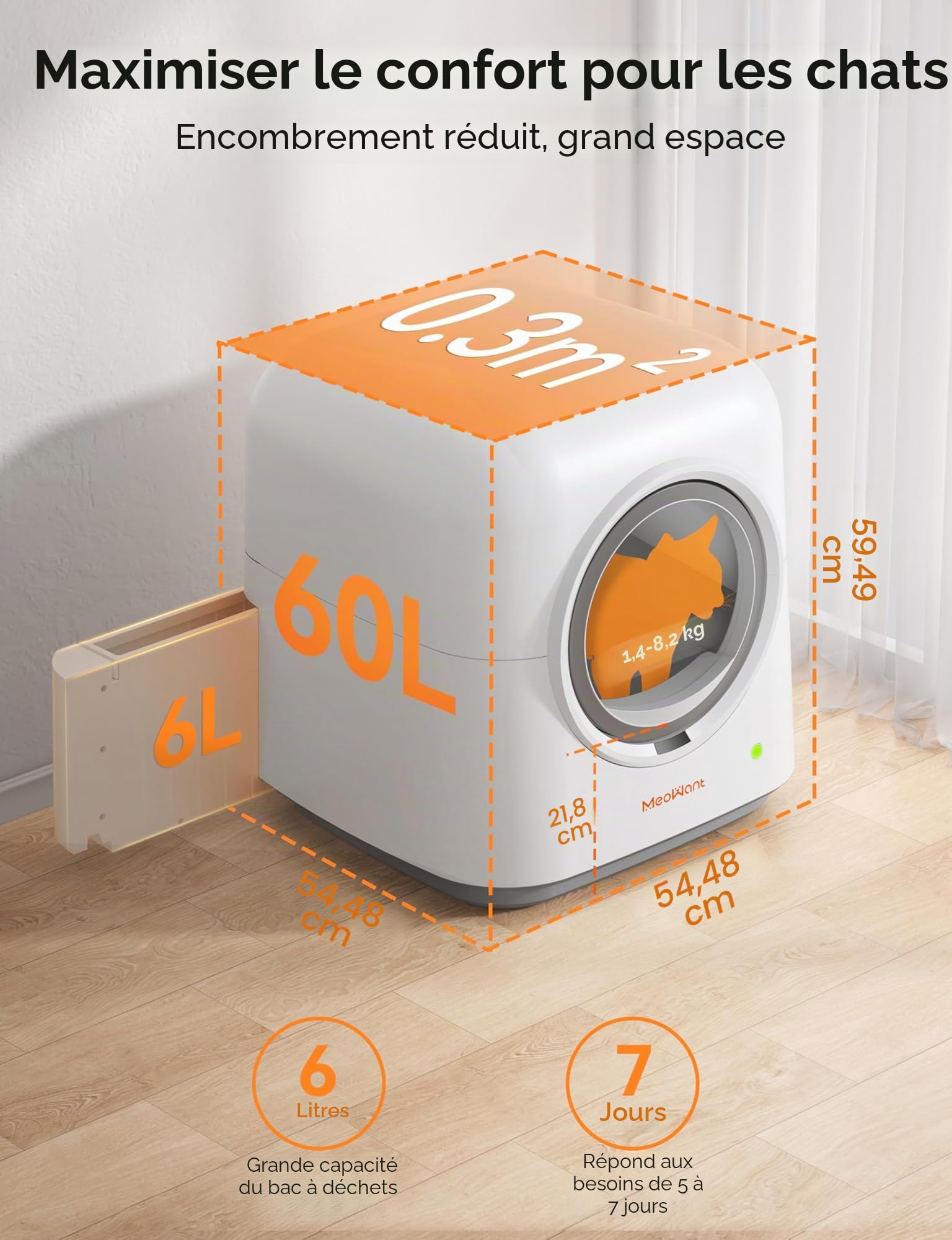 MeoWant Bac à Litière Autonettoyant pour Chat, Bac à Litière Automatique Entièrement Fermé pour Plusieurs Chats, Ultra Sûr/Contrôlé par APP/Désodorisant, avec Tapis & Sac Poubelle & Déodorant