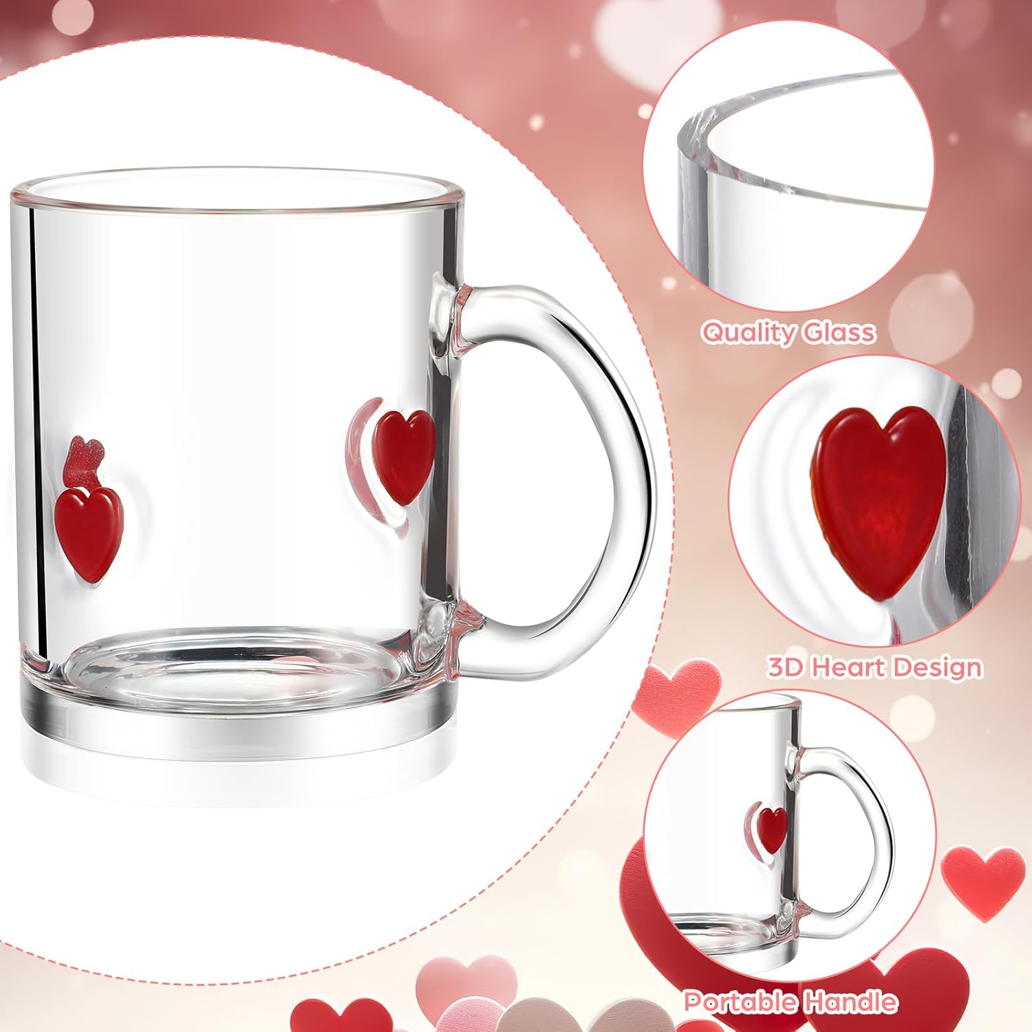 SiliFine 4 Pack Heart Icon Juice Glasses 14oz Valentines Day Coffee Mugs with Handle Love Icon Drinking Glass Cups for Valentine Birthday Engagement Weddings Anniversaries Romantic Gifts (Heart)