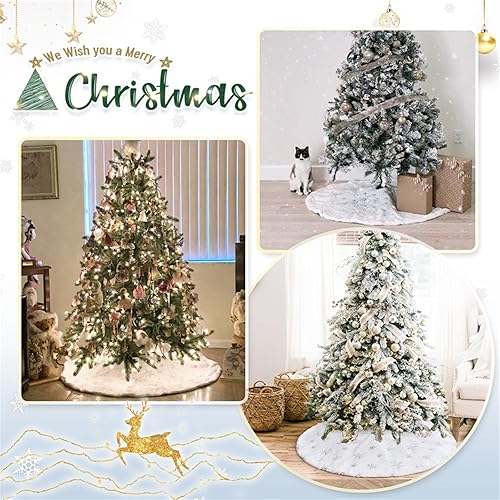 Miniatura 74 de Falda de árbol de Navidad de 48 pulgadas, falda de árbol de piel sintética de lujo con copos de nieve dorados y lentejuelas, alfombrillas grandes