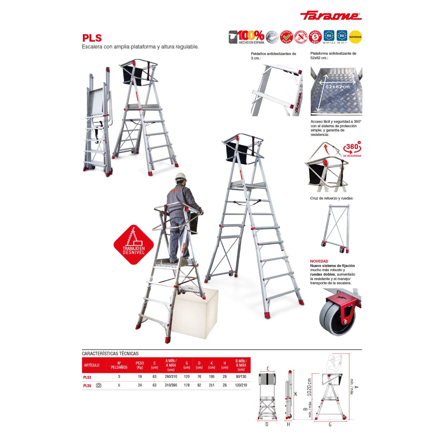 Faraone - Escalera con Plataforma PLS3-200x73x26 cm - Escalera 3 Peldaños - Escalera Plegable de Aluminio - Uso Profesional - Fácil de Transportar - con Ruedas - Amplio Plano de Trabajo