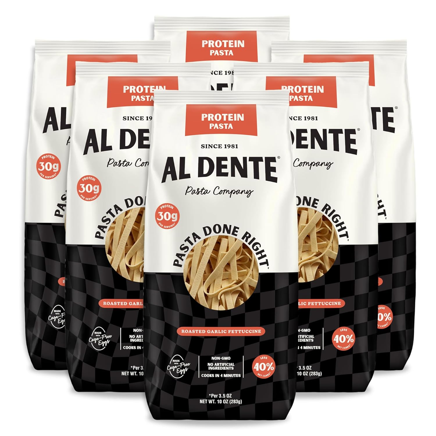 Al Dente Protein Pasta Roasted Garlic Fettuccine – 30g High Protein, Lower Carb, High Fiber. Artisanal Flavor: Cage-Free Eggs & Semolina. Keto and Point-Based Diet-Friendly. 10oz Bags (Pack of 6)
