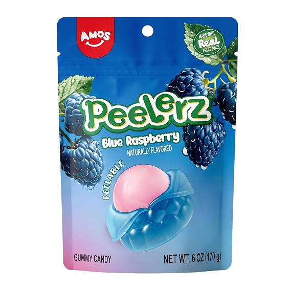 Amos Peelerz Blue Raspberry, Fruit Gummy Candy, Peelable Texture, Made with Real Fruit Juice, Resealable Bag, 6oz, (Pack of 12)