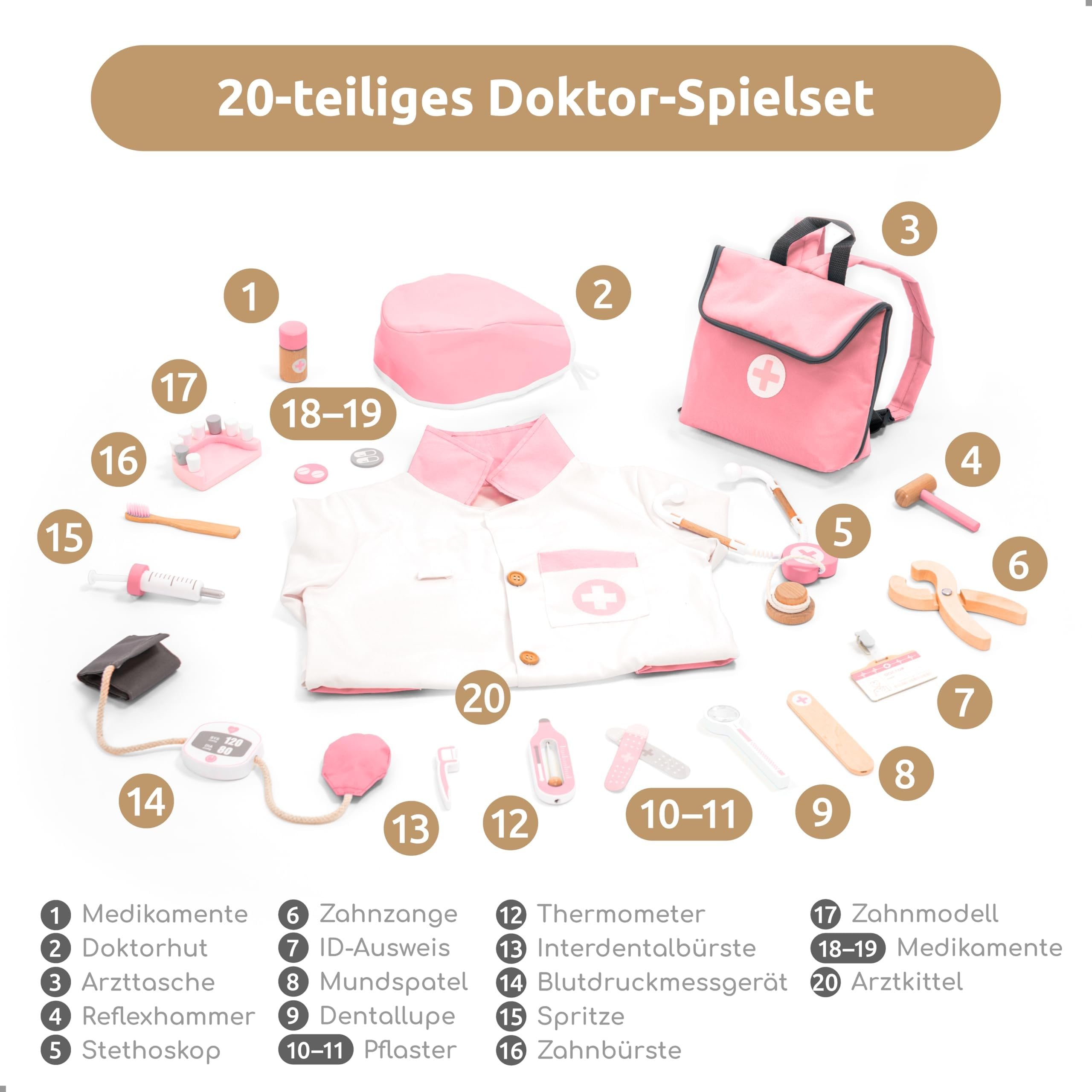 UMU® Arztkoffer Kinder Spielset aus Holz mit Arztkittel, Stethoskop, Zahnarzt Zubehör & mehr, Doktorkoffer Spielzeug für Rollenspiele, 20 TLG. Medizinisches Set für Mädchen ab 3, 4, 5 Jahren