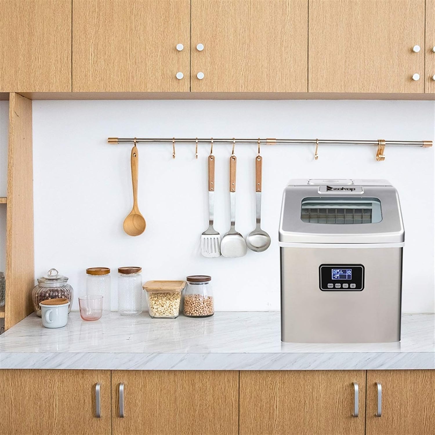 Ice Machine|ice Maker Machine| ZOKOP HZB-18F/120W/40Lbs/115V/60Hz American Standard Stainless Steel Household Ice Maker Silver