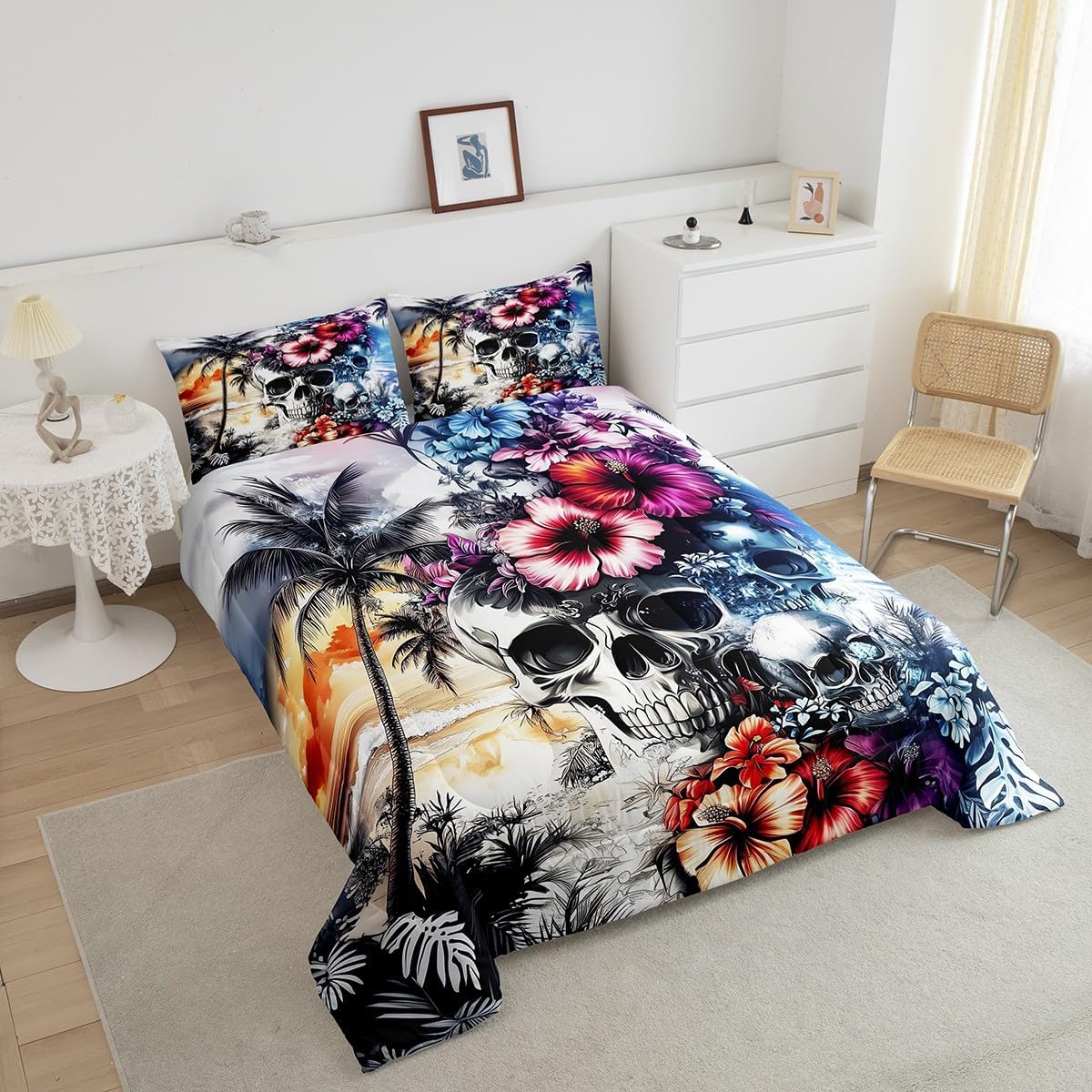 Flower Skull Bedding Sets Queen Size,Tropical Hawaii Comforter Set for Kids Boys Teen Adult Room Decor,Colorful Floral Palm Leaf Down Comforter Seaside Beach Reversible Quilt Set,2 Pillowcases