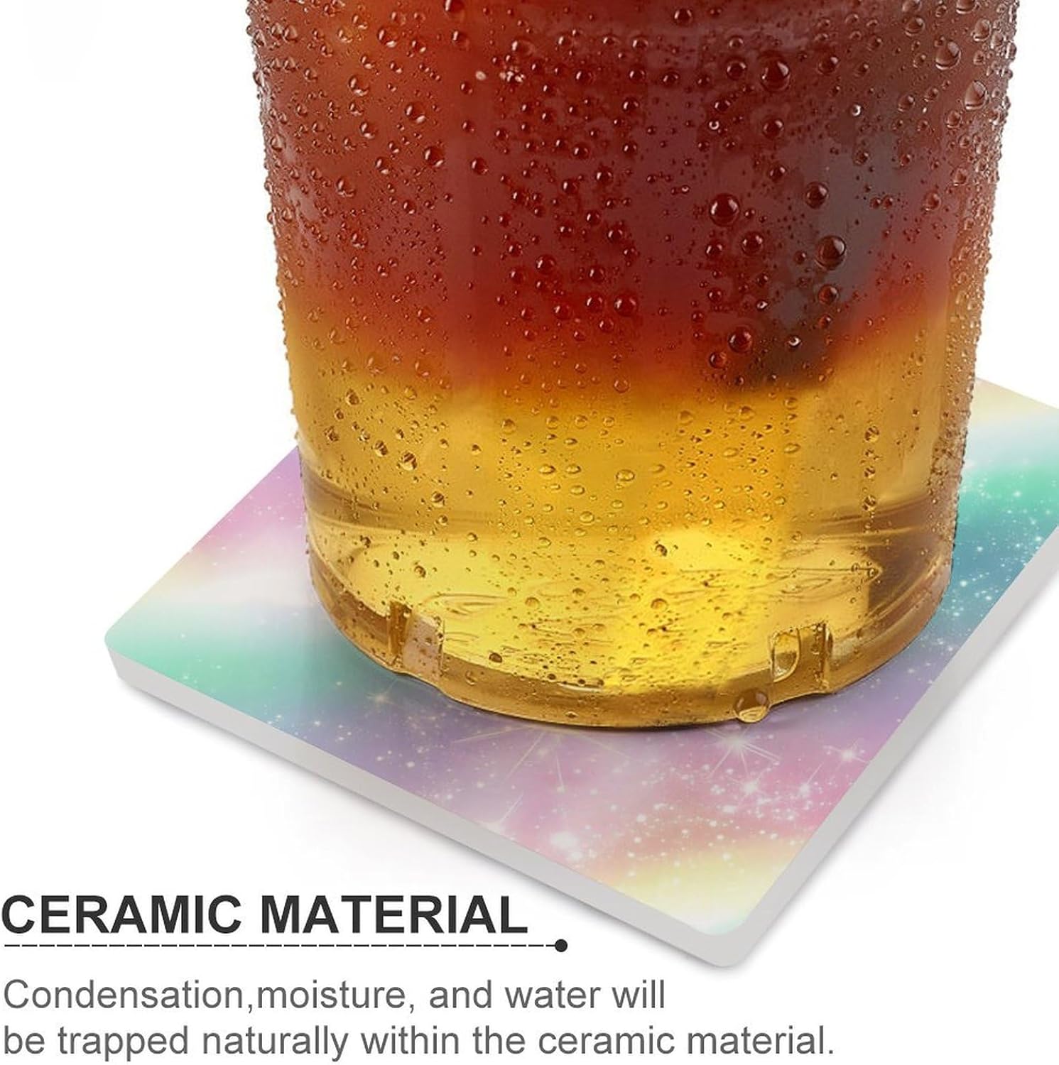 Rainbow Starry Sky Blue Purple Coasters for Drinks Square Ceramic Coasters Cup Mats with Cork Base