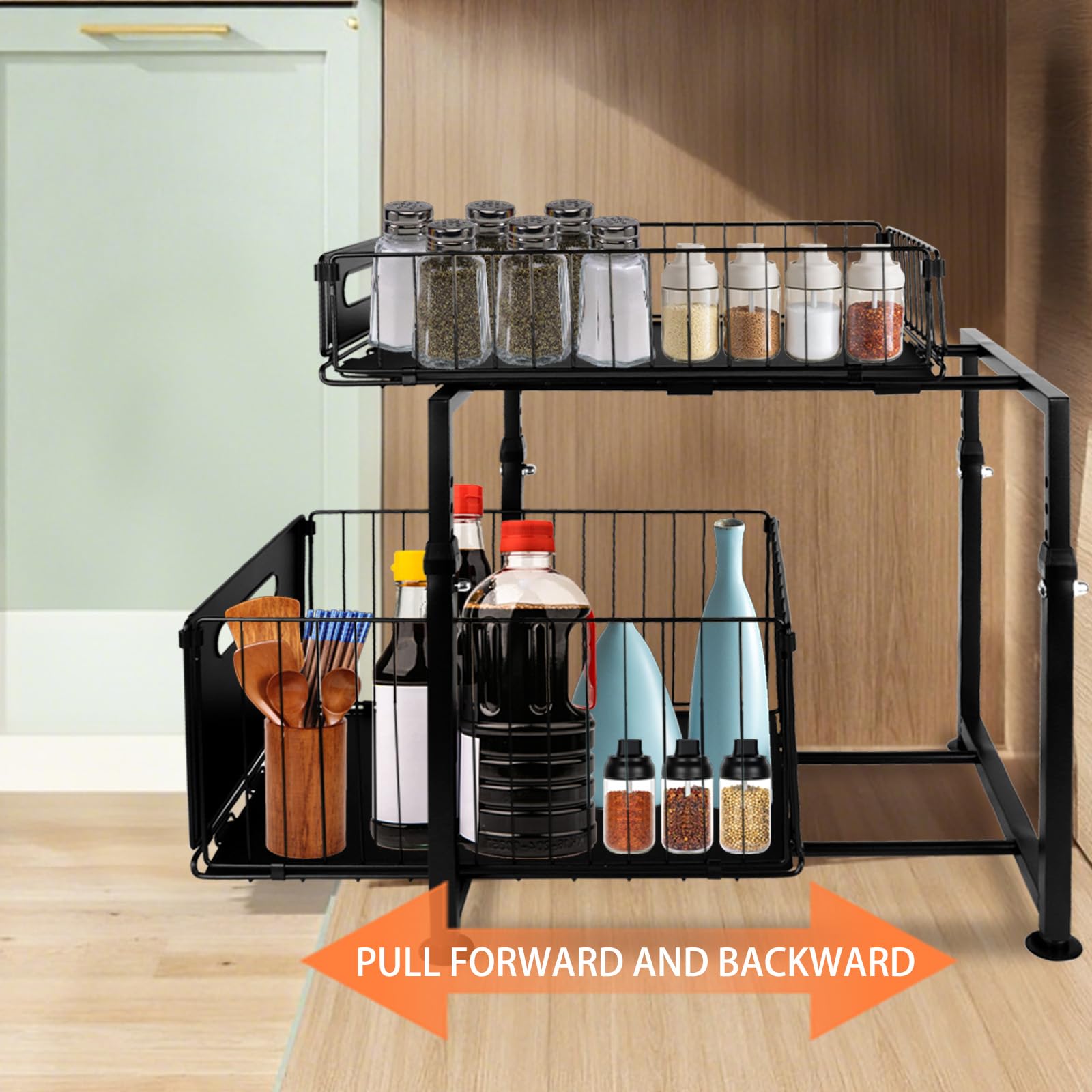 OHMG Organiseurs de Placards,Bac de Rangements sous Evier 2 Niveaux Organisateur Coulissant avec 2 Tiroirs Porte-épices pour Comptoir de Cuisine Organisateur pour Salle de Bain, Cuisine, Bureau