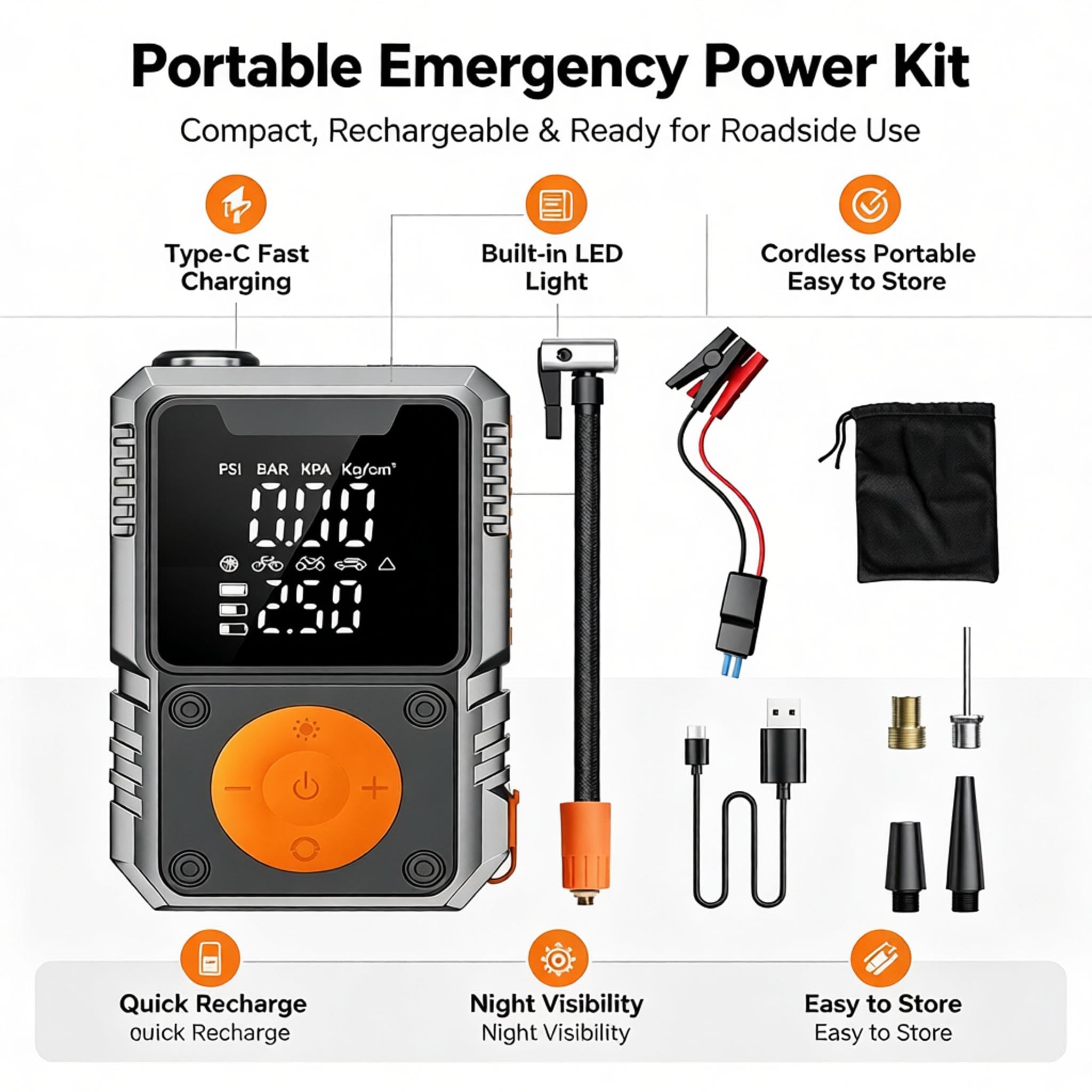 Arrancador de Coche portátil y compresor de Aire con Banco de energía de 7200 mAh, inflador de neumáticos de 150 PSI, Amplificador de batería de vehículo de 12 V, luz LED, Carcasa ABS