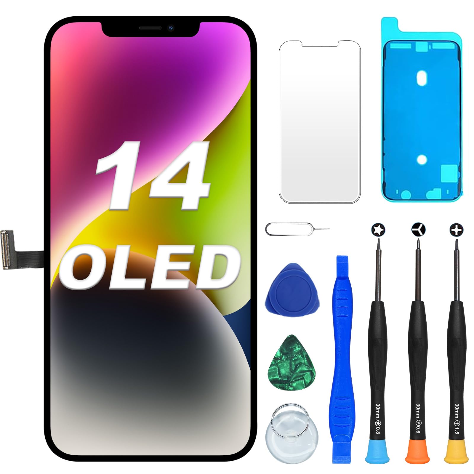 DIGI4U Ecran pour iPhone 14 OLED, Full HD Compatible Face ID Retina 3D Touch True Tone avec Assemblage Digitizer, Kit d’Outils de Réparation et Adhésif Étanche