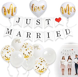 Hochzeitsdeko Set mit Just Married Girlande, Mr & Mrs Wedding Deko, romantische Hochzeitsgirlande, Brautpaar Deko für Hochzeit, Verlobung, Standesamt, Outdoor Feier, Jubiläum, Brautparty, Gartenparty
