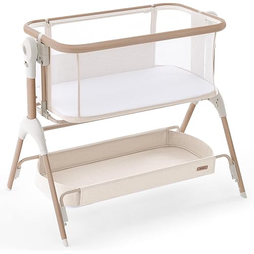 HARPPA Rocking Baby Bassinet, 3 in1 Adjustable Bedside Sleeper with Mattress & Breathable Mesh, Wood Grain