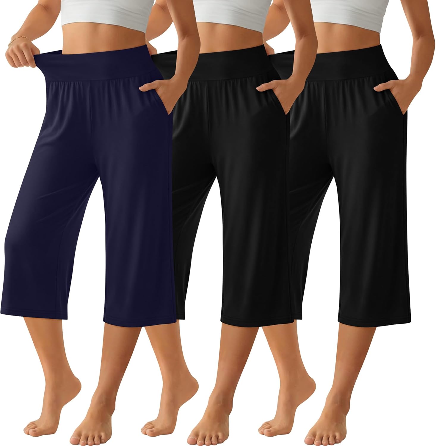 Neer 3 Pack Women Capri Pants, Wide Leg High Waist Crop Lounge Sweatpants Summer Casual Workout Pants with Pocket