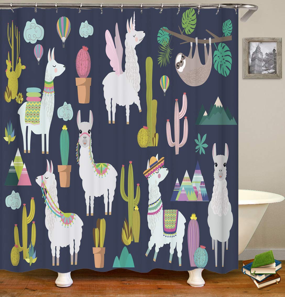 BdhBHDuio Color Simple Alpaca Cartoon Cute Waterproof Waterproof Fabric Shower Curtain 3D HD Printing Does not Fade, 12 Shower Hooks, 70.8X70.8 inches, Home Decoration, Bathroom Accessories