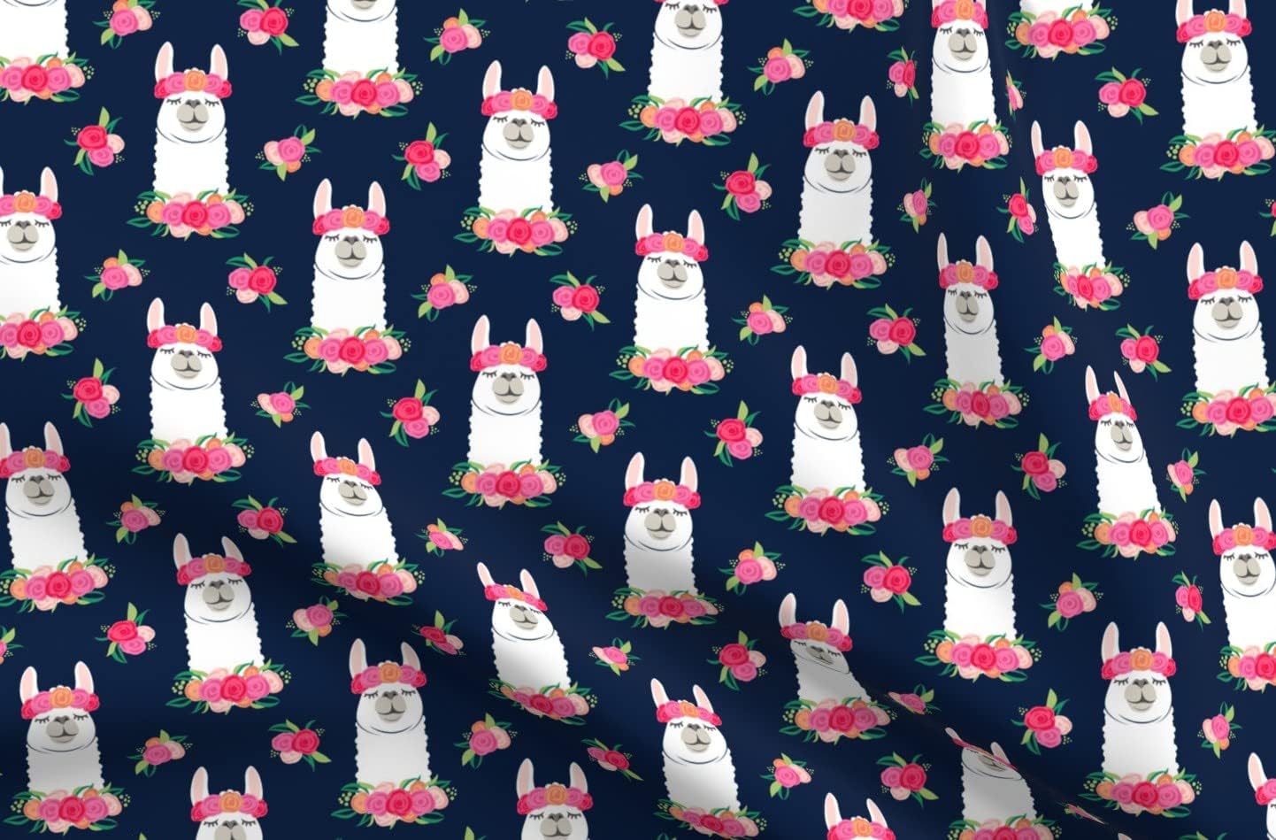 Spoonflower Fabric - Floral Llama Spring Colors Navy Alpaca Flowers Crown Printed on Upholstery Velvet Fabric Fat Quarter - Upholstery Home Decor Bottomweight Apparel