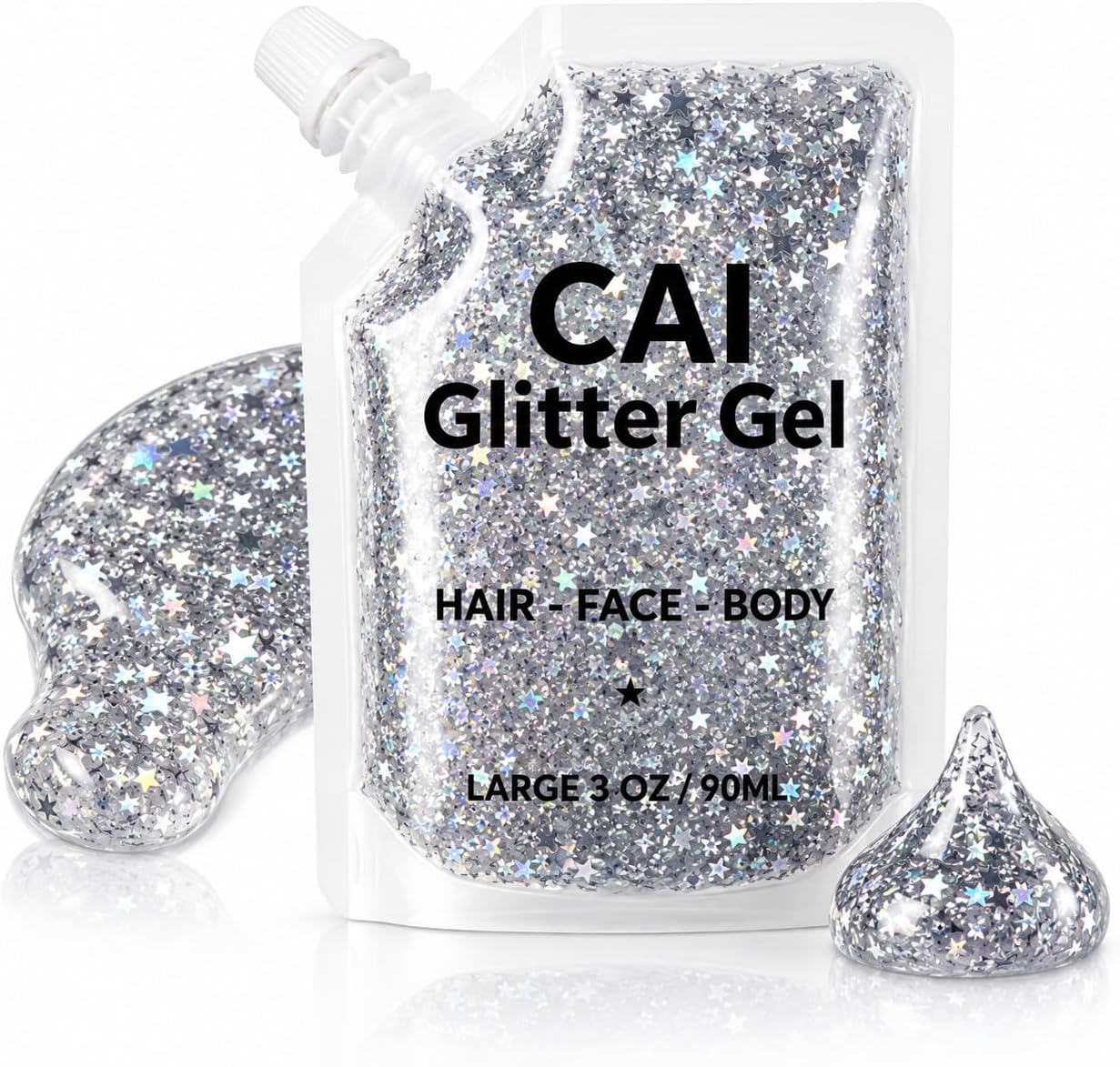 CAI Beauty Holographic Silver Glitter Gel Vegan Cruelty Free Face Body & Hair Glitter for Women Kids 3 Oz Cosmetic Grade Gel No Mess Non-Toxic Easy Apply & Wash Off Parties Concerts Holidays Sports