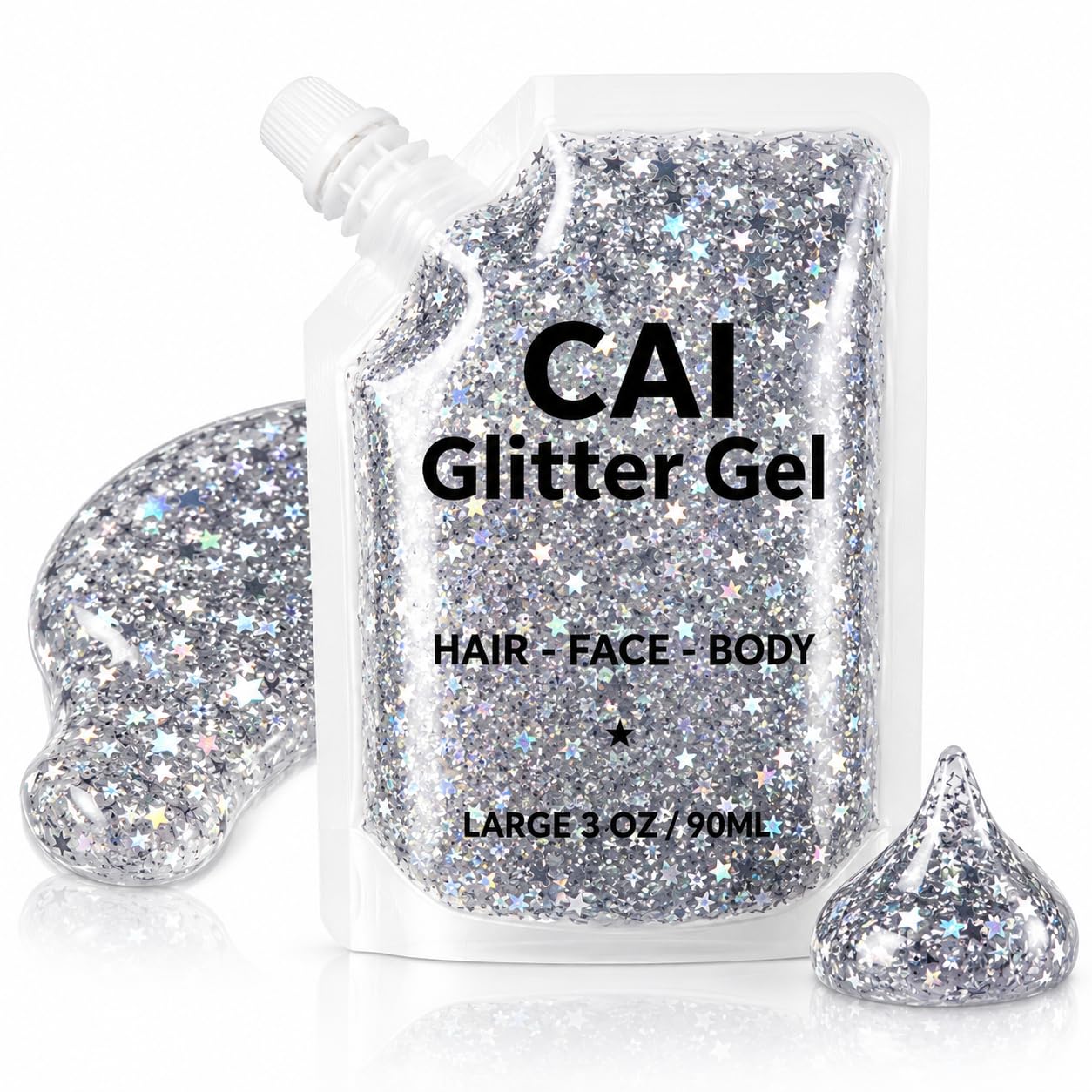 Body Glitter Gel- Face, Body & Hair (1 Pk Silver) Chunky Iridescent Holograph Stars & Moon, 3 oz | Cosmetic-Grade Makeup, Apply Without Glue, Easy to Take Off & Keep Skin Clean - for Concerts, Raves