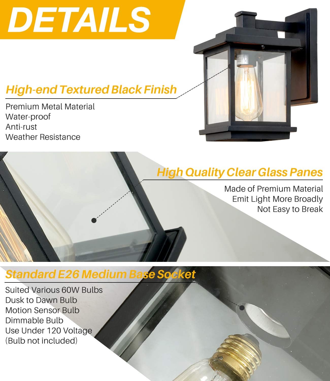 LALUZ Outdoor Wall Lantern, Rectangle Porch Lights Outdoor Light Fixtures Wall Mount, Weather-Proof Exterior Wall Lamp with Clear Glass, Anti-Rust Outdoor Sconce Lighting for Patio, Textured Black